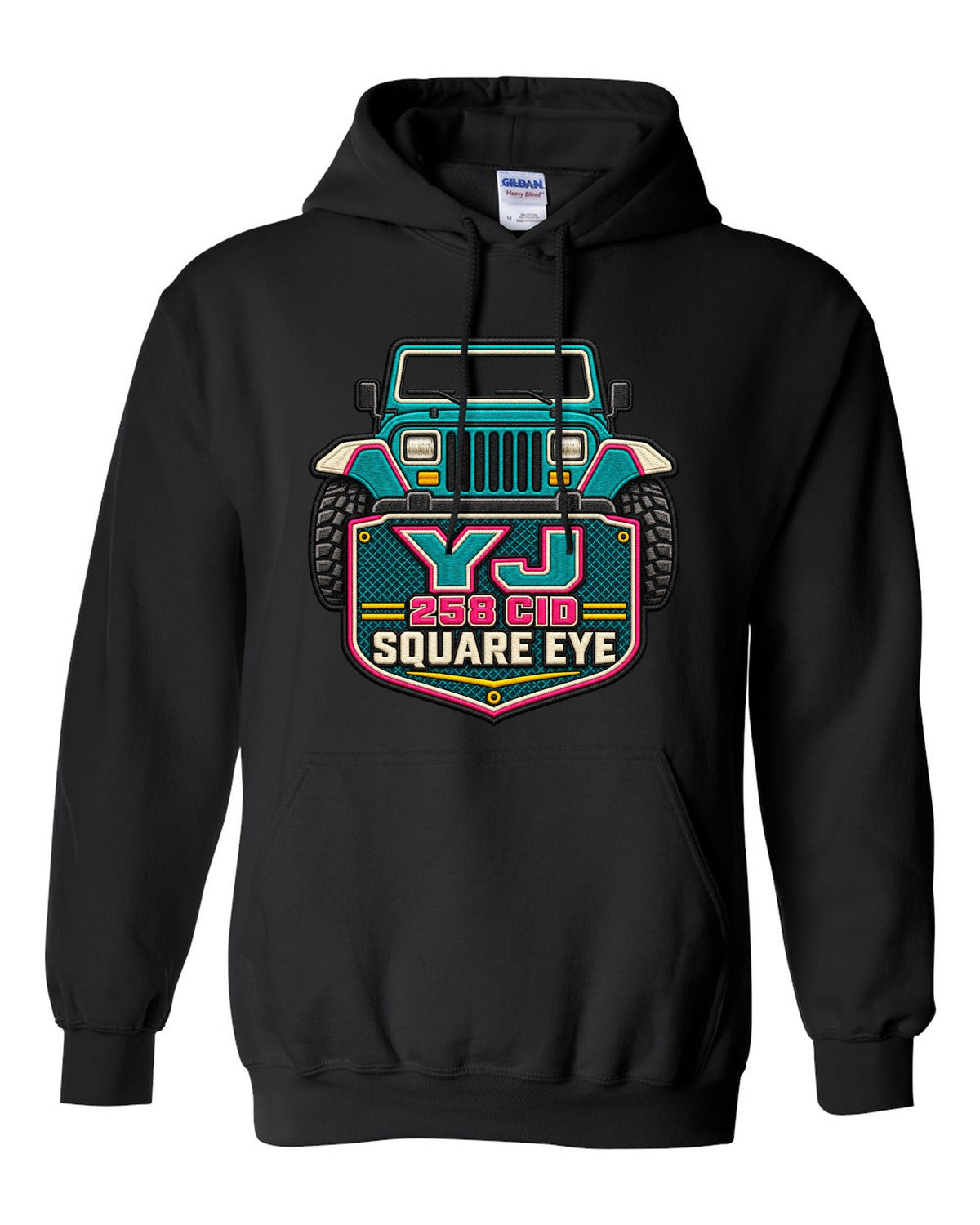 Embroidery-style varsity crest print of a Jeep Wrangler YJ with square eye text black pull over hoodie front view with the design