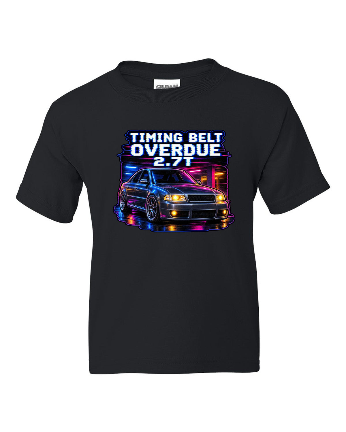 VHS lo-fi print of an Audi S4 B5 with Timing Belt Overdue and 2.7T text black kids tee front view with the design