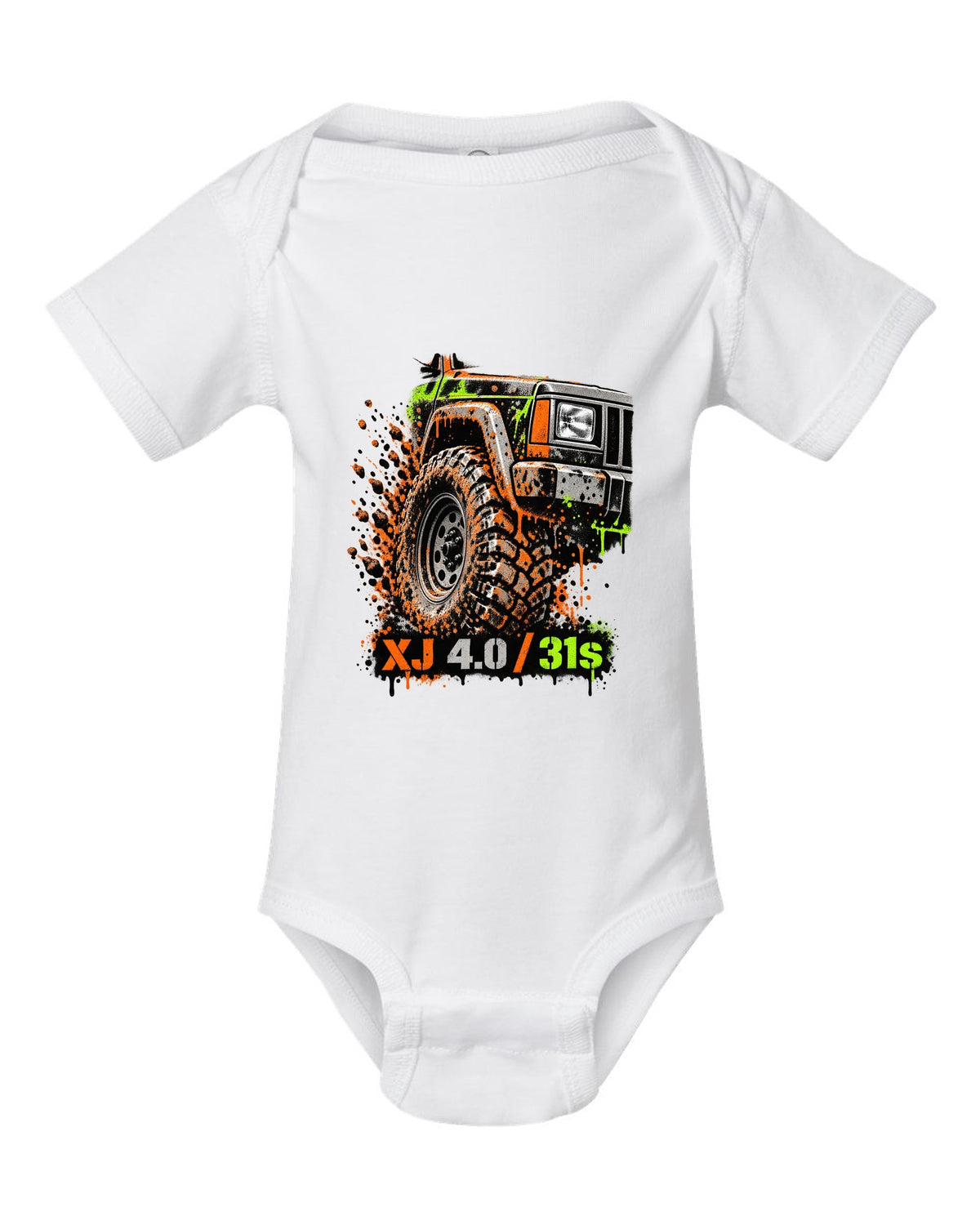 Stencil spray street art print of a muddy Jeep Cherokee XJ wheel with XJ 4.0 31s text white baby onesie front view with the design