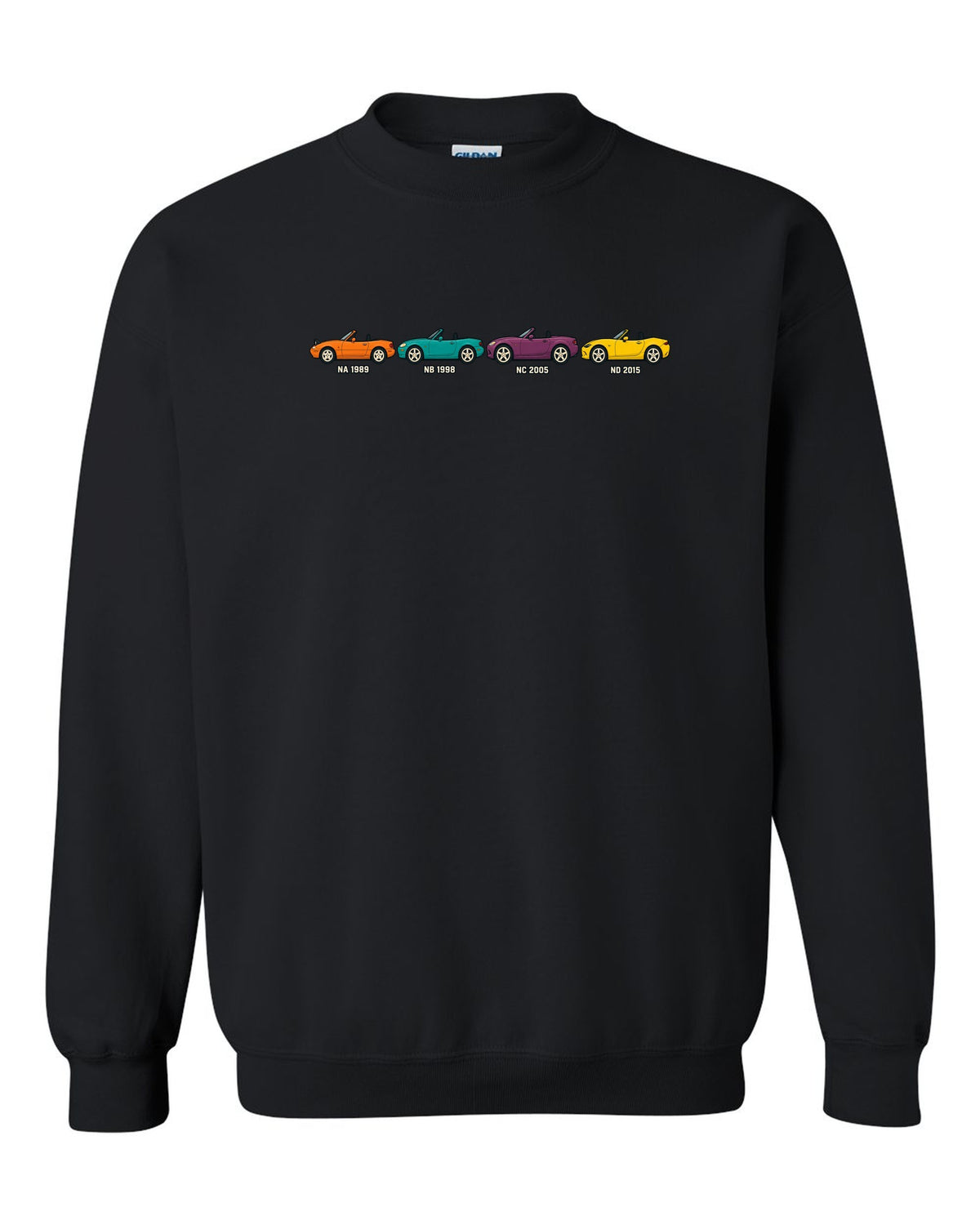 Ukiyo-e woodblock print of a Mazda MX-5 NA roadster taking a hairpin corner black crewneck front view with the design