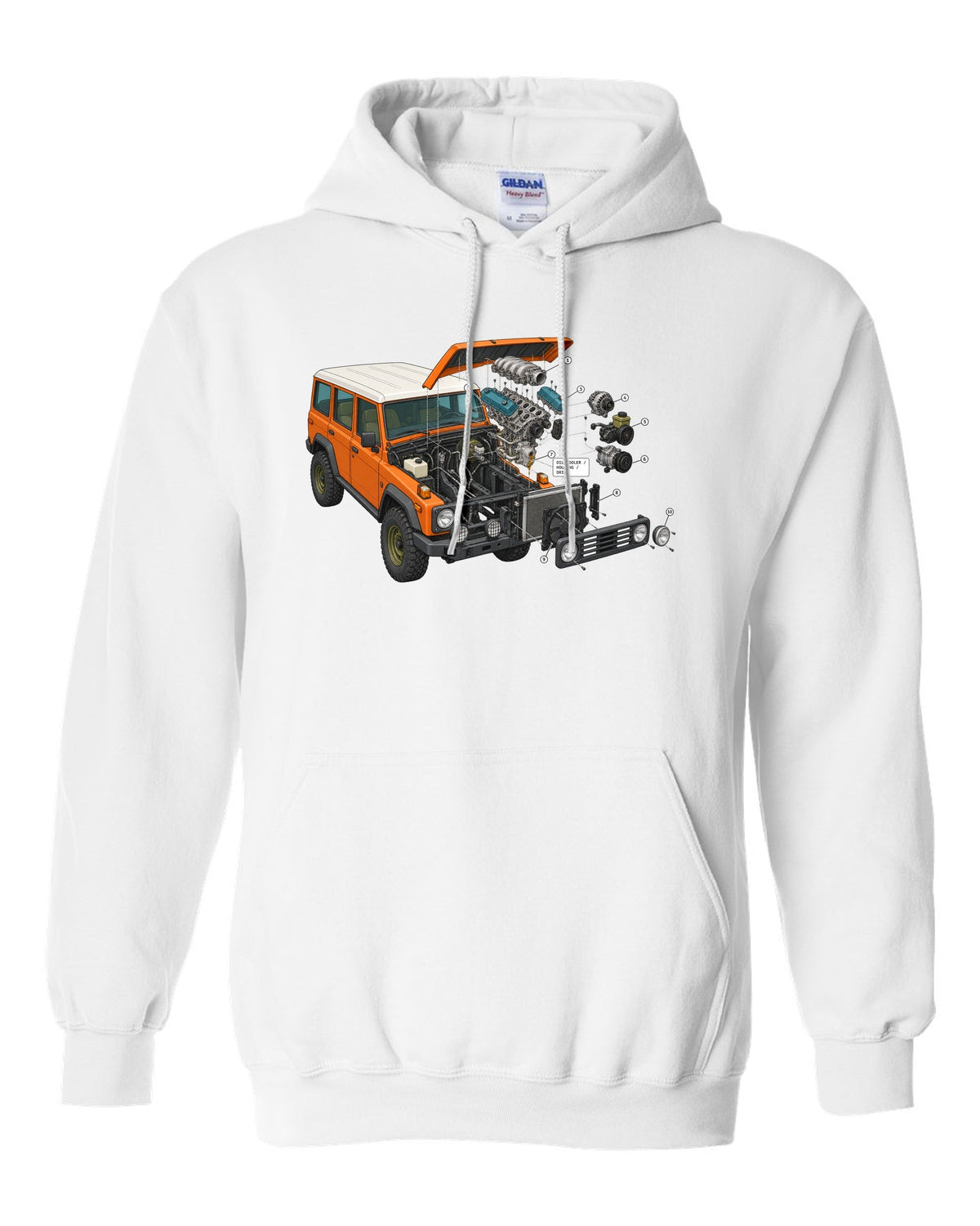 Jeep Wrangler JK V6 exploded engine bay diagram with oil cooler housing drips labels white pull over hoodie front view with the design