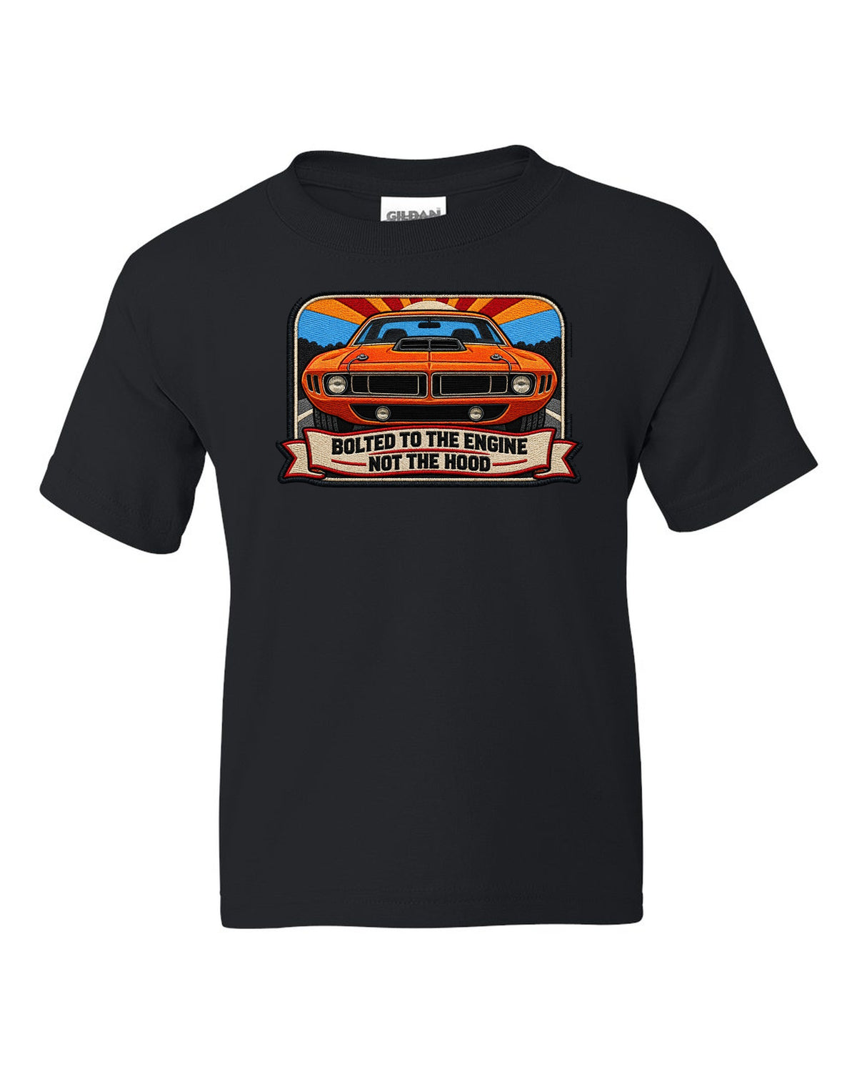 Embroidered mechanic patch style print of a 1970 Plymouth Hemi 'Cuda with shaker scoop text black kids tee front view with the design