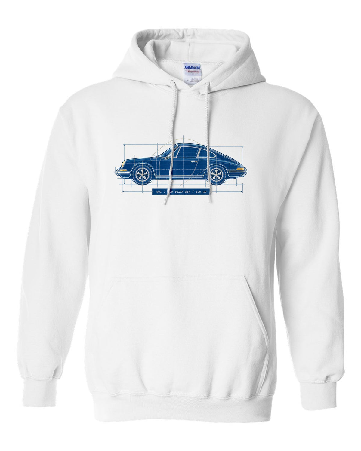 Porsche 911 901 1964 Cyanotype Blueprint Profile white pull over hoodie front view with the design