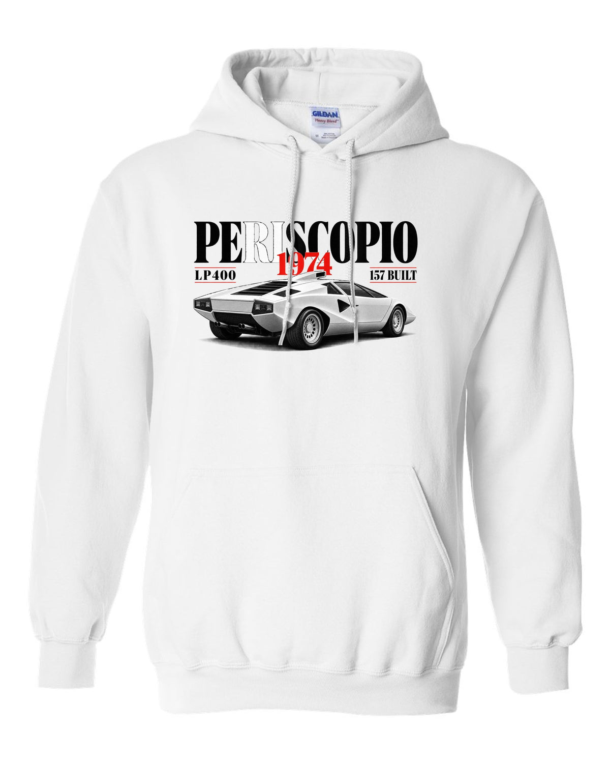 Editorial print of a Lamborghini Countach LP400 with periscopio and 157 built text white pull over hoodie front view with the design