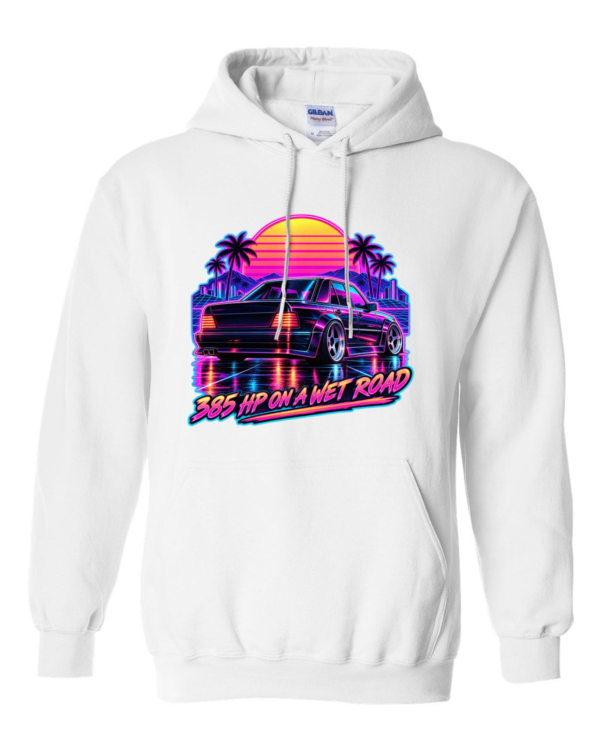Synthwave outrun print of Mercedes 300E Hammer W124 taillights on a wet road white pull over hoodie front view with the design