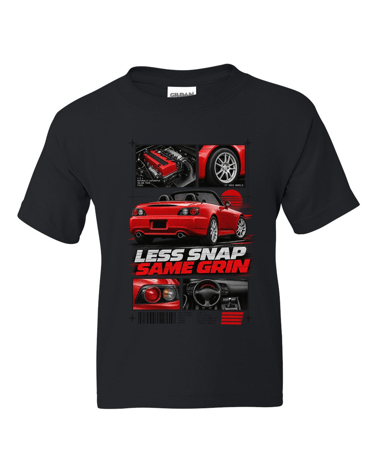 Honda S2000 AP2 roadster dossier panels design with 17 inch wheels less snap same grin text black kids tee front view with the design