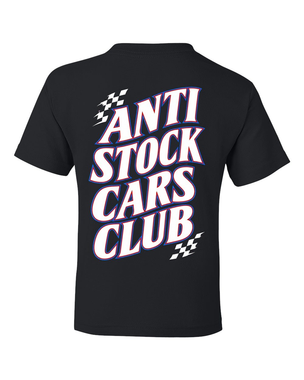 Anti Stock Cars Club Racing Sponsor Stack Kids Tee Black back