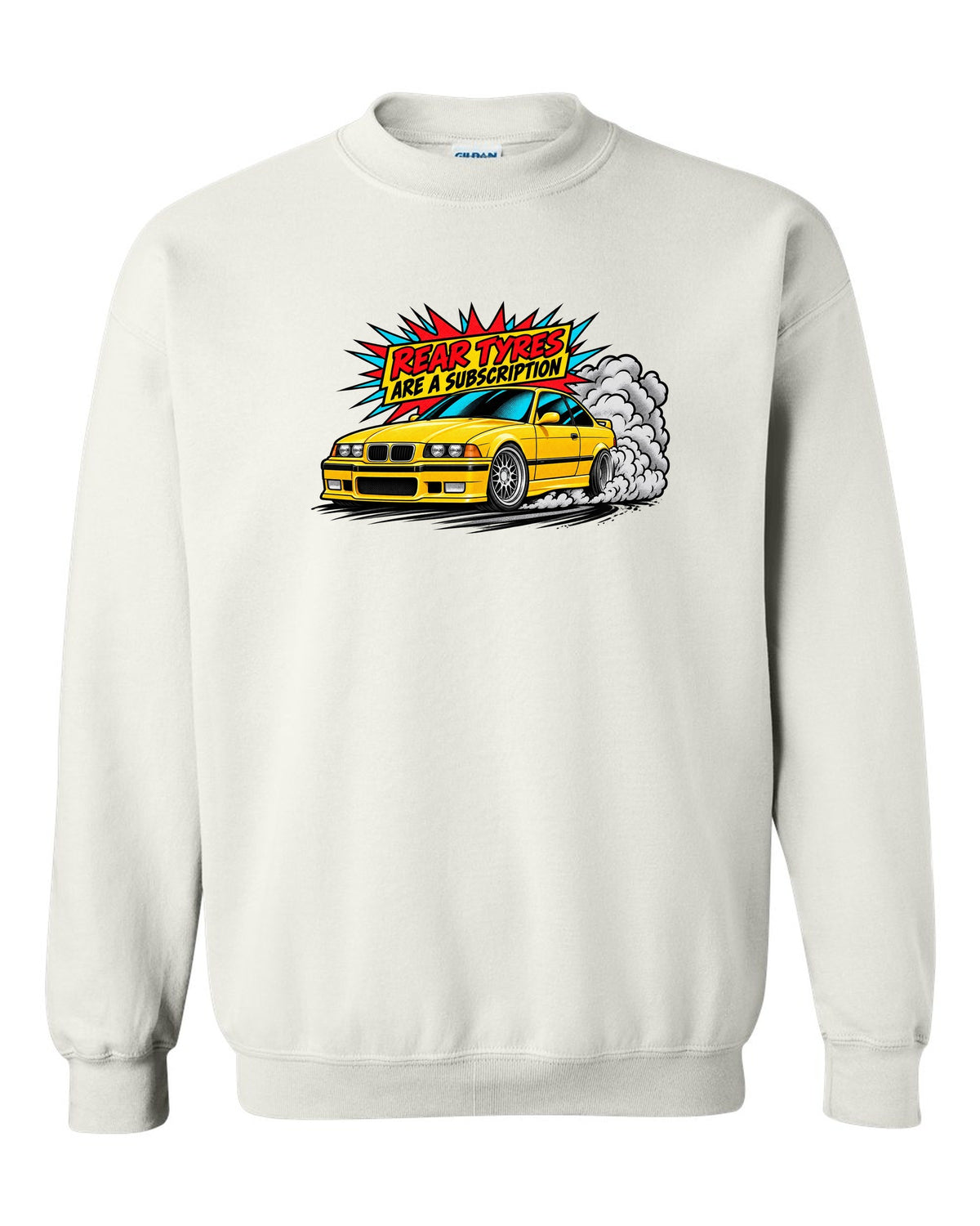 Risograph illustration of the stripped cockpit of a BMW E36 M3 Lightweight 1995 white crewneck front view with the design