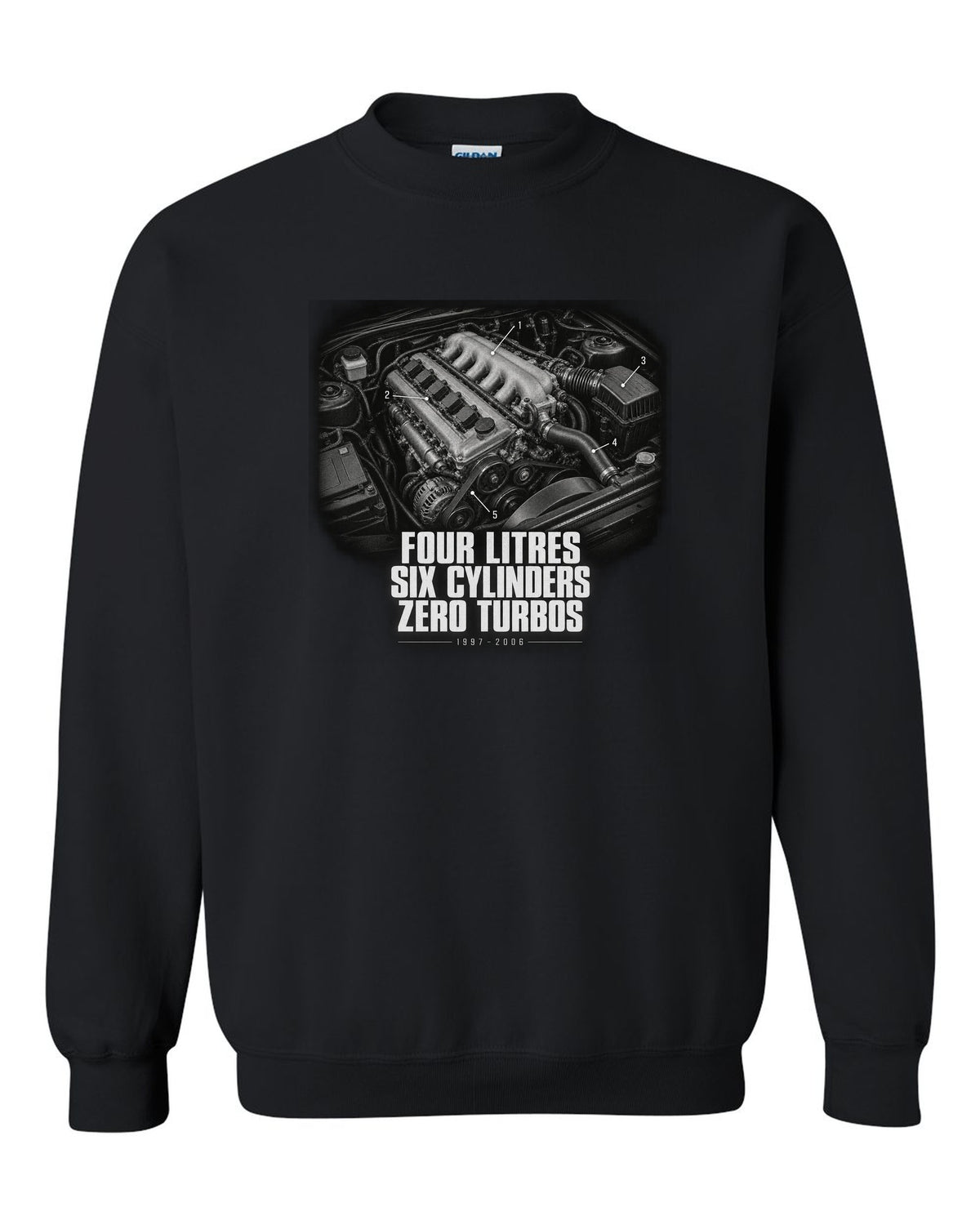 Engine hero print for the Jeep Wrangler TJ, Four Litres Six Cylinders Zero Turbos black crewneck front view with the design