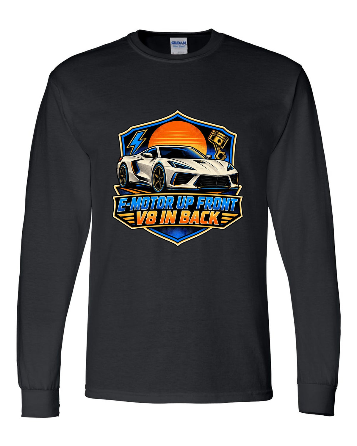 Comic halftone panel of a 2020 C8 Corvette Stingray with e-motor and V8 lettering black long sleeve front view with the design