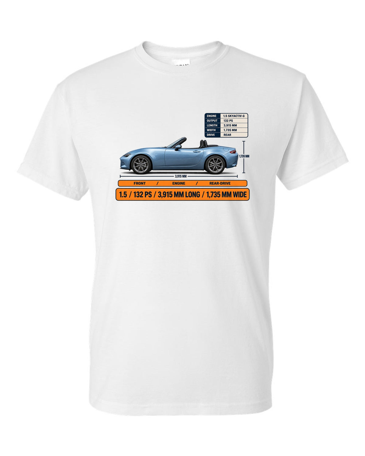 Mazda MX-5 ND 1.5 SKYACTIV-G spec poster print showing power and dimensions white t-shirt front view with the design