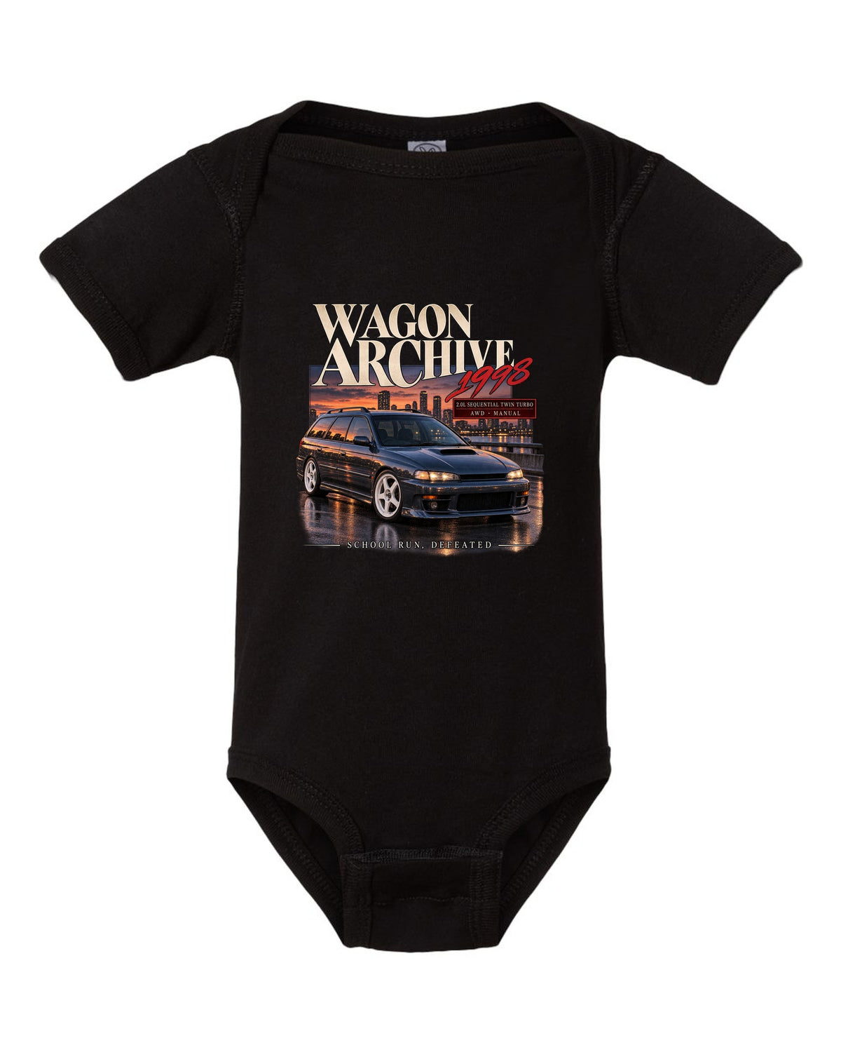 Wagon archive print for the Subaru Legacy GT-B BH5 reading 2.0L sequential twin turbo, school run, defeated black baby onesie front view with the design