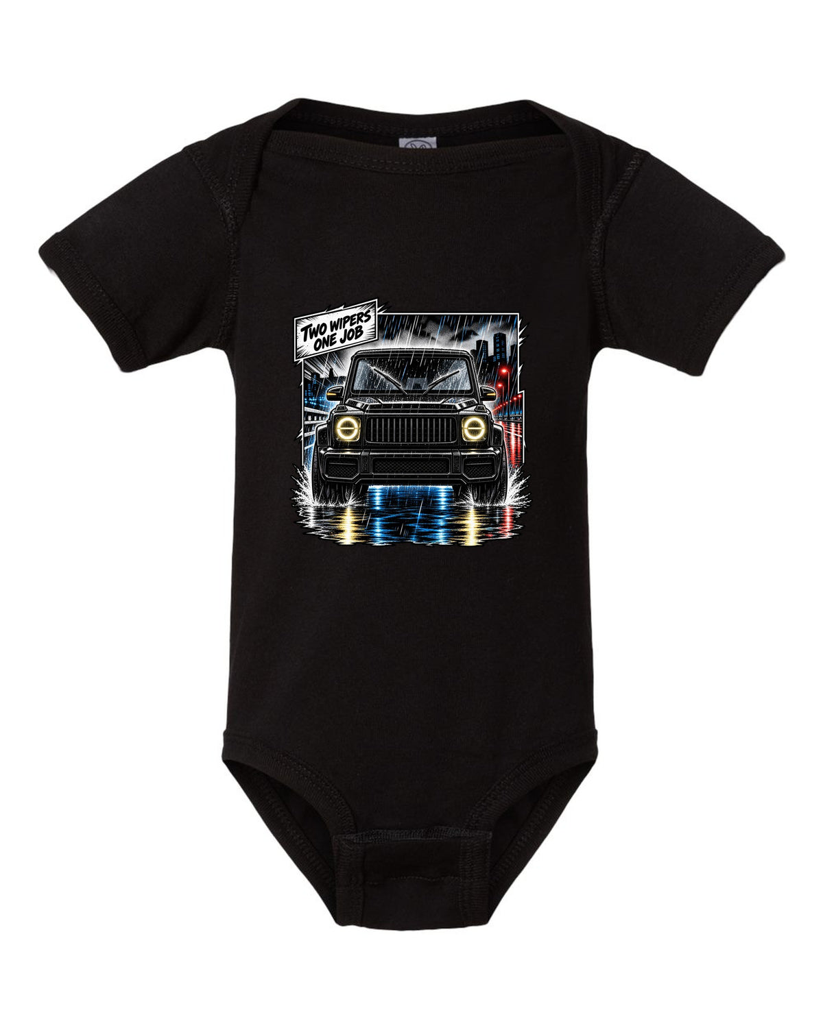 Round enamel-pin style crest graphic reading W463 3 Lockers 4x4 for the Mercedes G-Class, print black baby onesie front view with the design