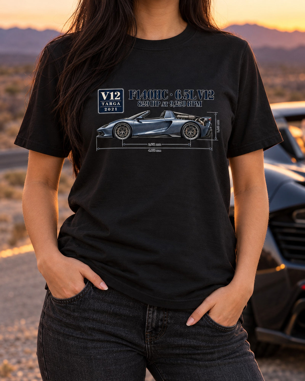 Ferrari Daytona SP3 F140HC Dimension Blueprint Shirt T-Shirt Black worn hero