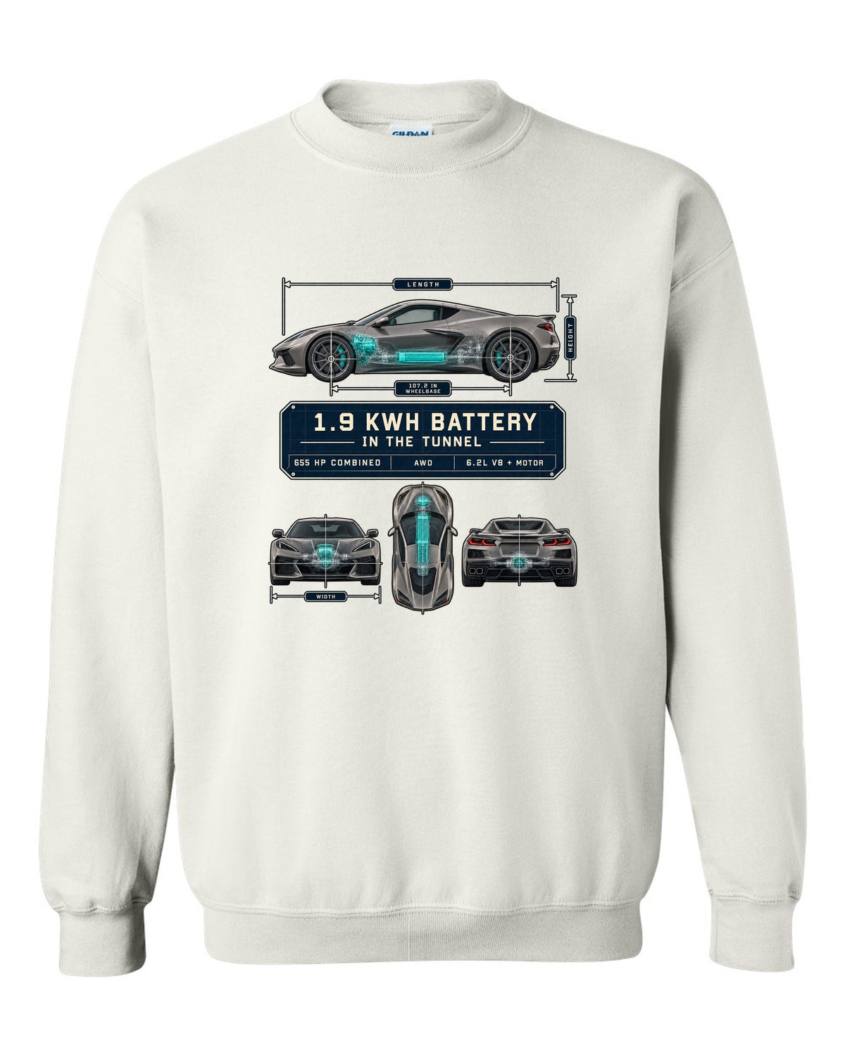 Dimension blueprint print of a Chevrolet Corvette C8 E-Ray with 1.9 kWh battery in the tunnel white crewneck front view with the design