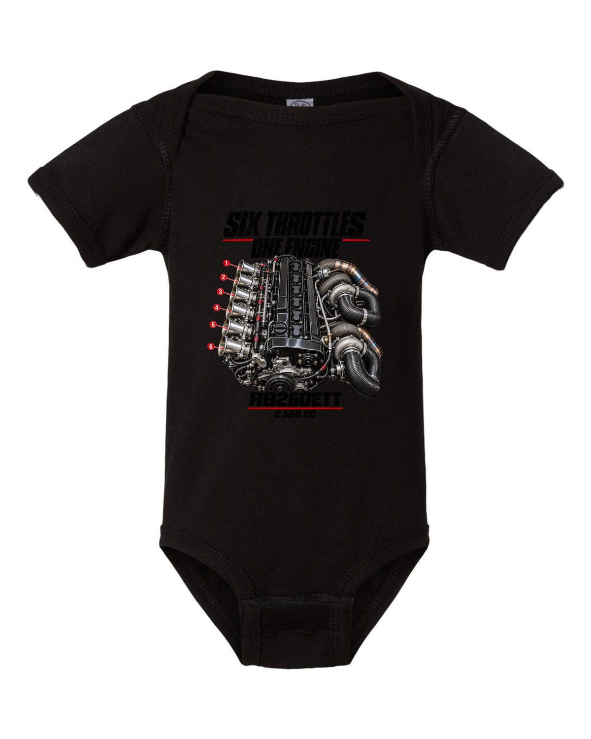 print of the RB26DETT six-throttle engine from the Nissan Skyline GT-R R32 black baby onesie front view with the design