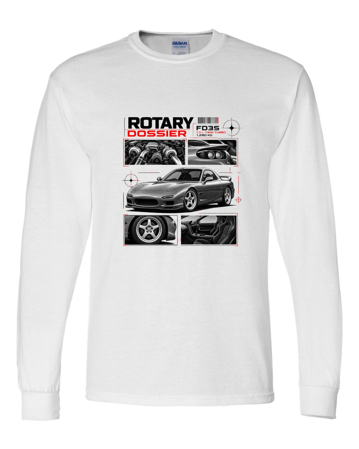 Dossier print of a Mazda RX-7 FD3S front three-quarter with detail panels white long sleeve front view with the design