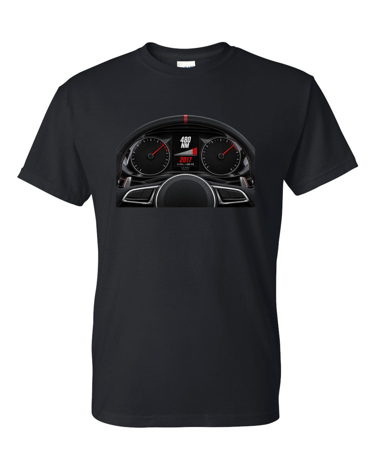 Audi RS3 8V instrument cluster gauge design with 5 cyl 400 PS text black t-shirt front view with the design