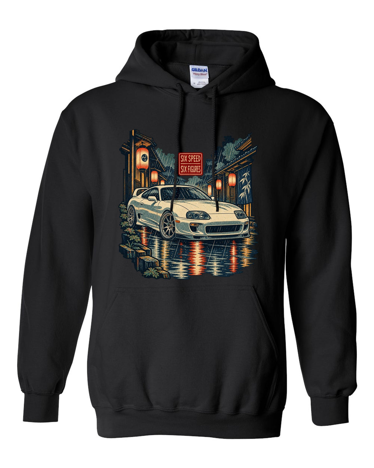 Ukiyo-e woodblock scene of a Toyota Supra A80 JZA80 in lantern rain with six speed six figures text black pull over hoodie front view with the design