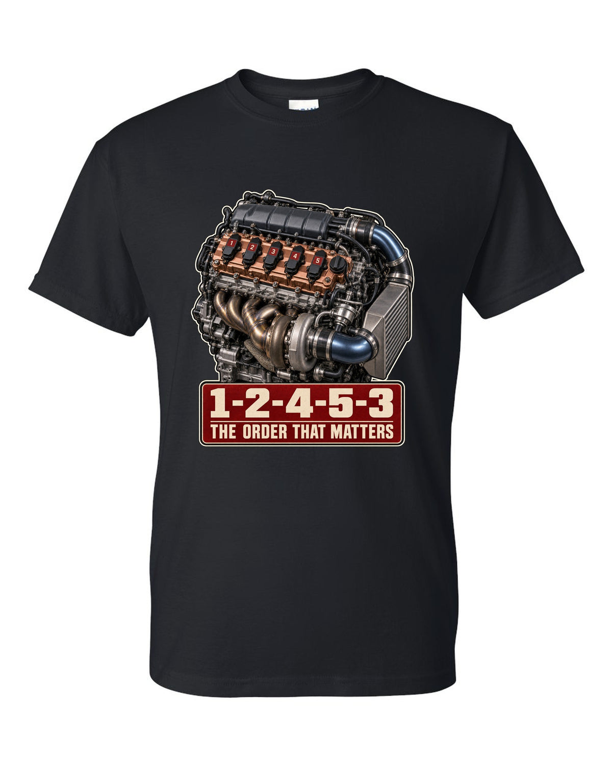 Audi TT RS 8S 2.5 TFSI five-cylinder engine poster with firing order black t-shirt front view with the design