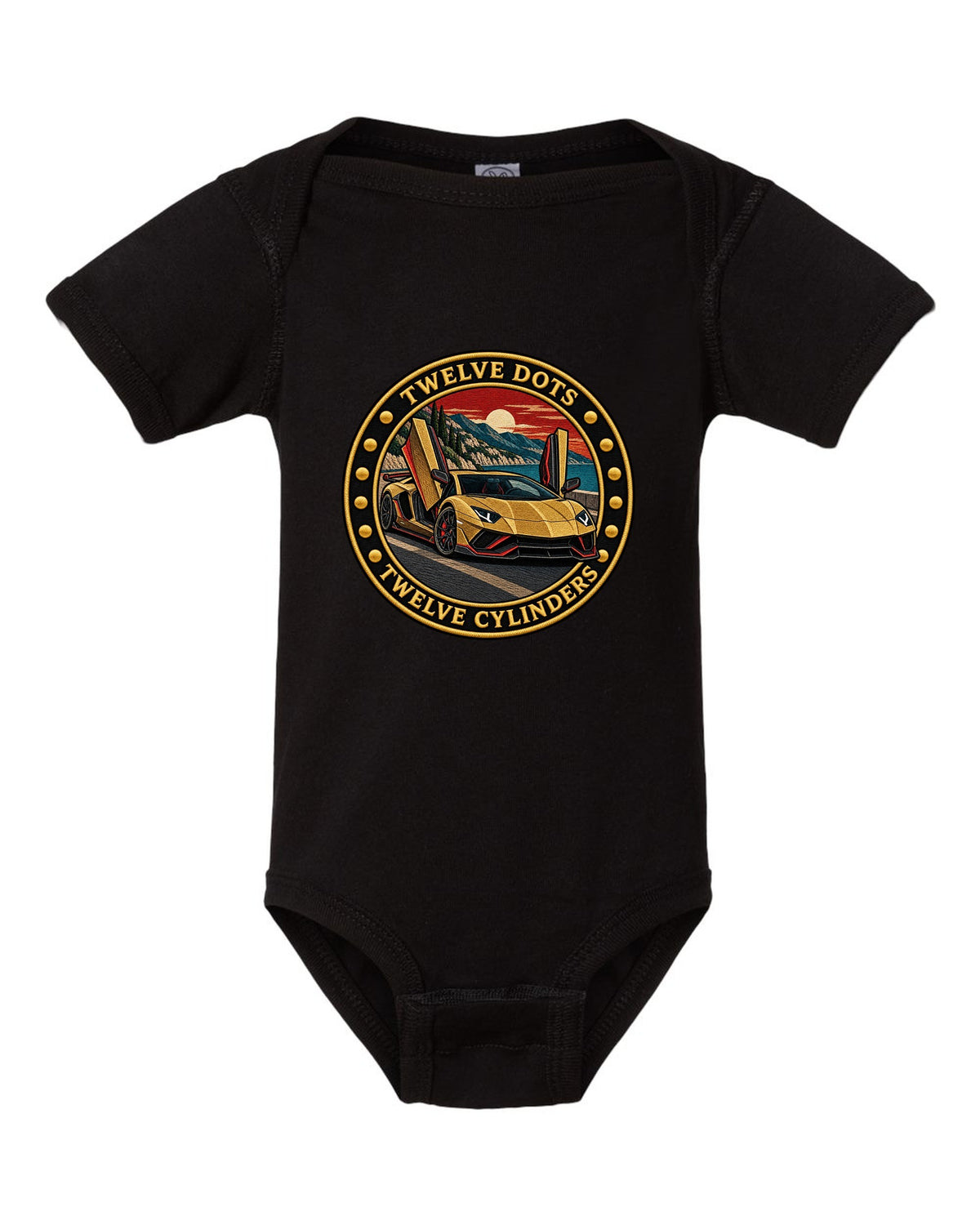 Embroidery-style round crest with a Lamborghini Aventador Ultimae LP780-4 and text TWELVE DOTS / TWELVE CYLINDERS black baby onesie front view with the design