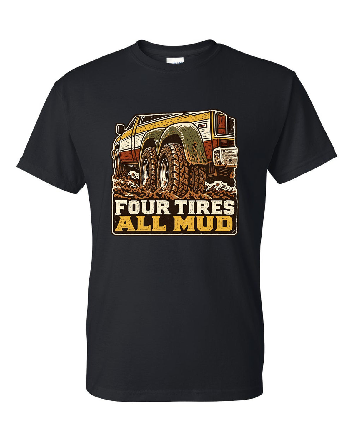 Linocut print of a 1994-1998 Dodge Ram 2nd gen dually in mud with four tires all mud text black t-shirt front view with the design