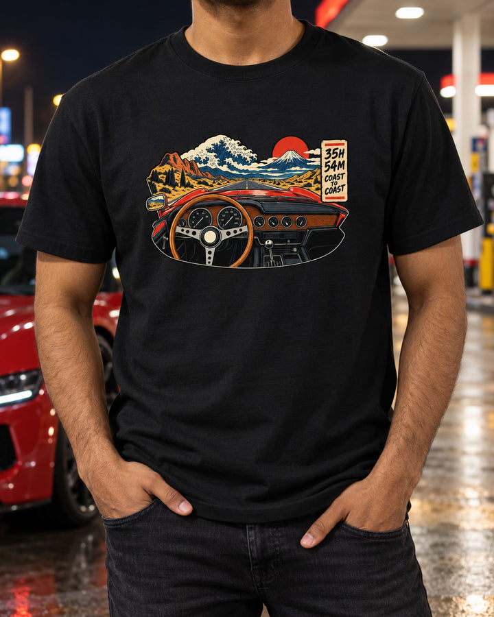 Ferrari 365 GTB/4 Daytona Coast to Coast Woodblock Shirt T-Shirt Black worn hero