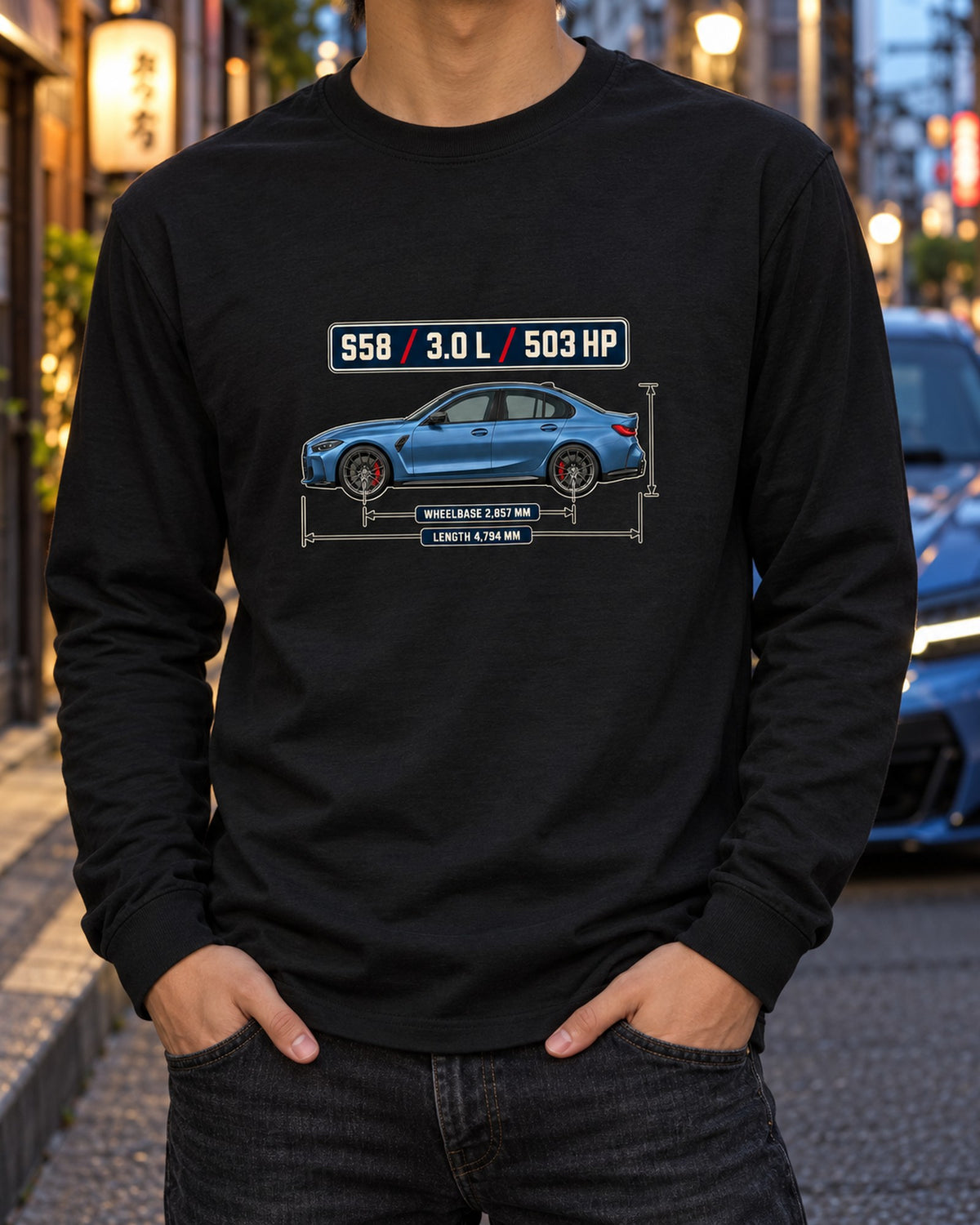 BMW M3 G80 Competition Dimension Blueprint Shirt, Car Guy Gift Long Sleeve Black worn hero