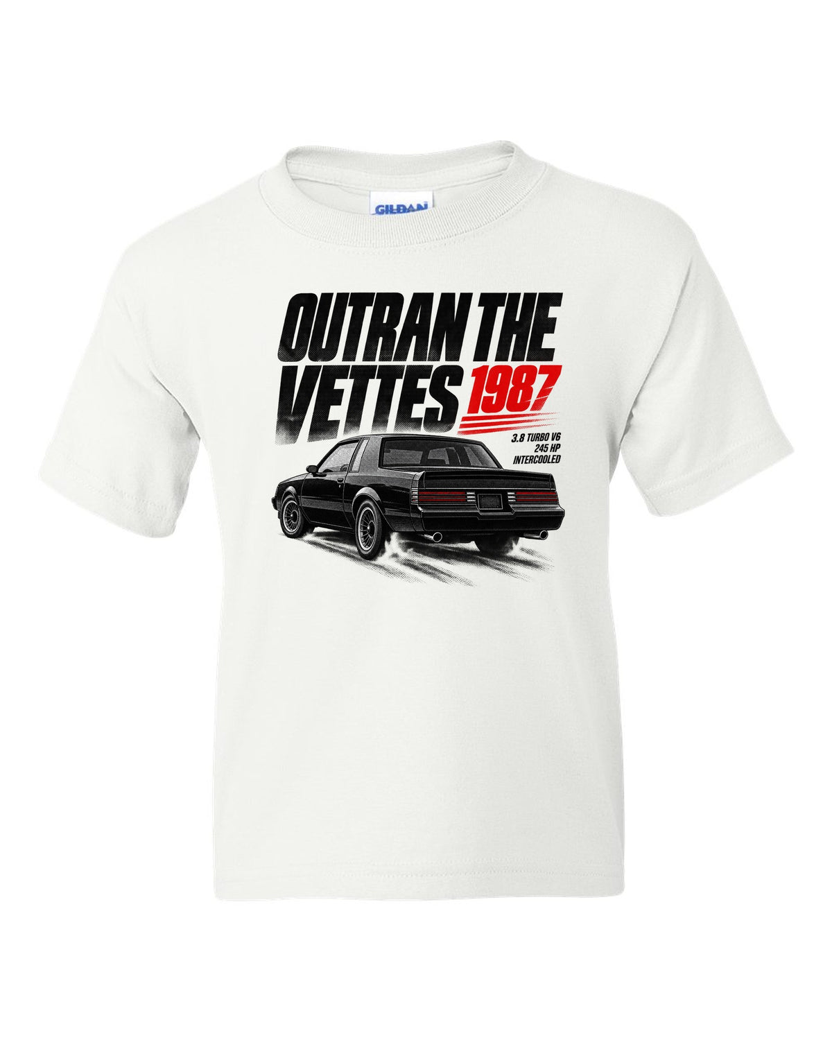 print halftone of a 1987 Buick Regal GN with outran the Vettes lettering white kids tee front view with the design