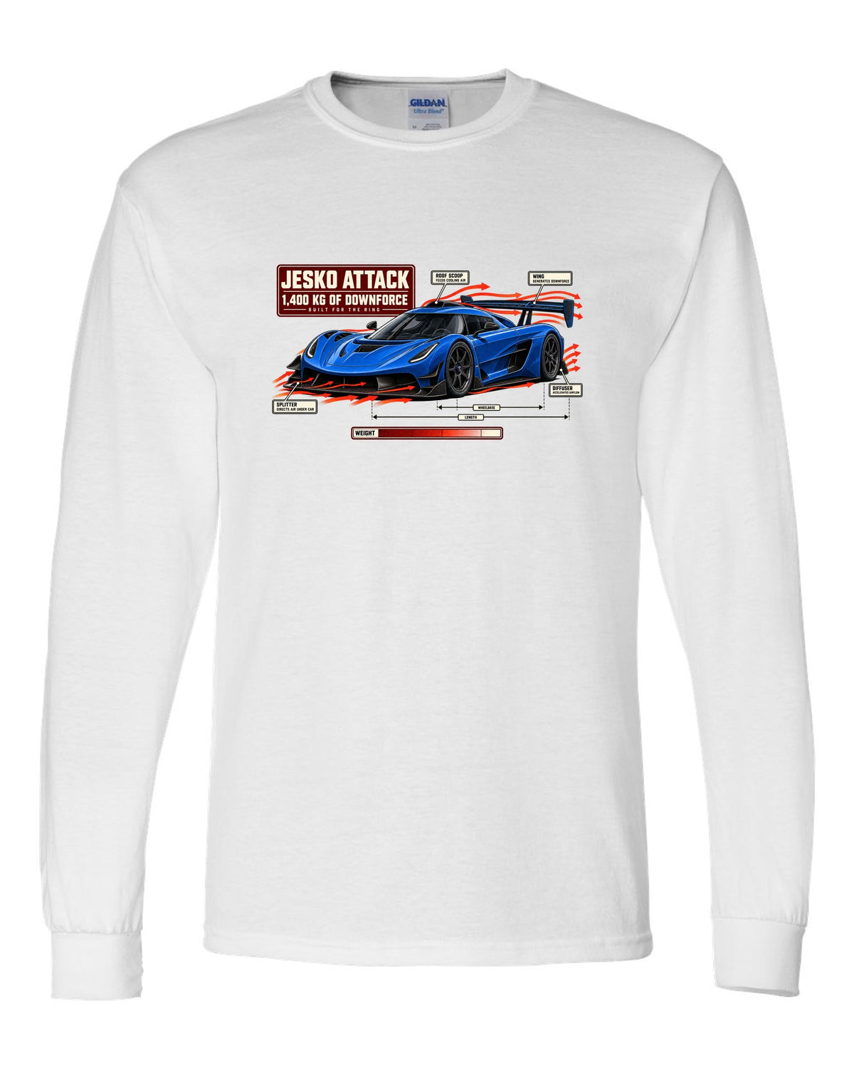 Aero callout diagram of the Koenigsegg Jesko Attack with rear wing and splitter, print white long sleeve front view with the design