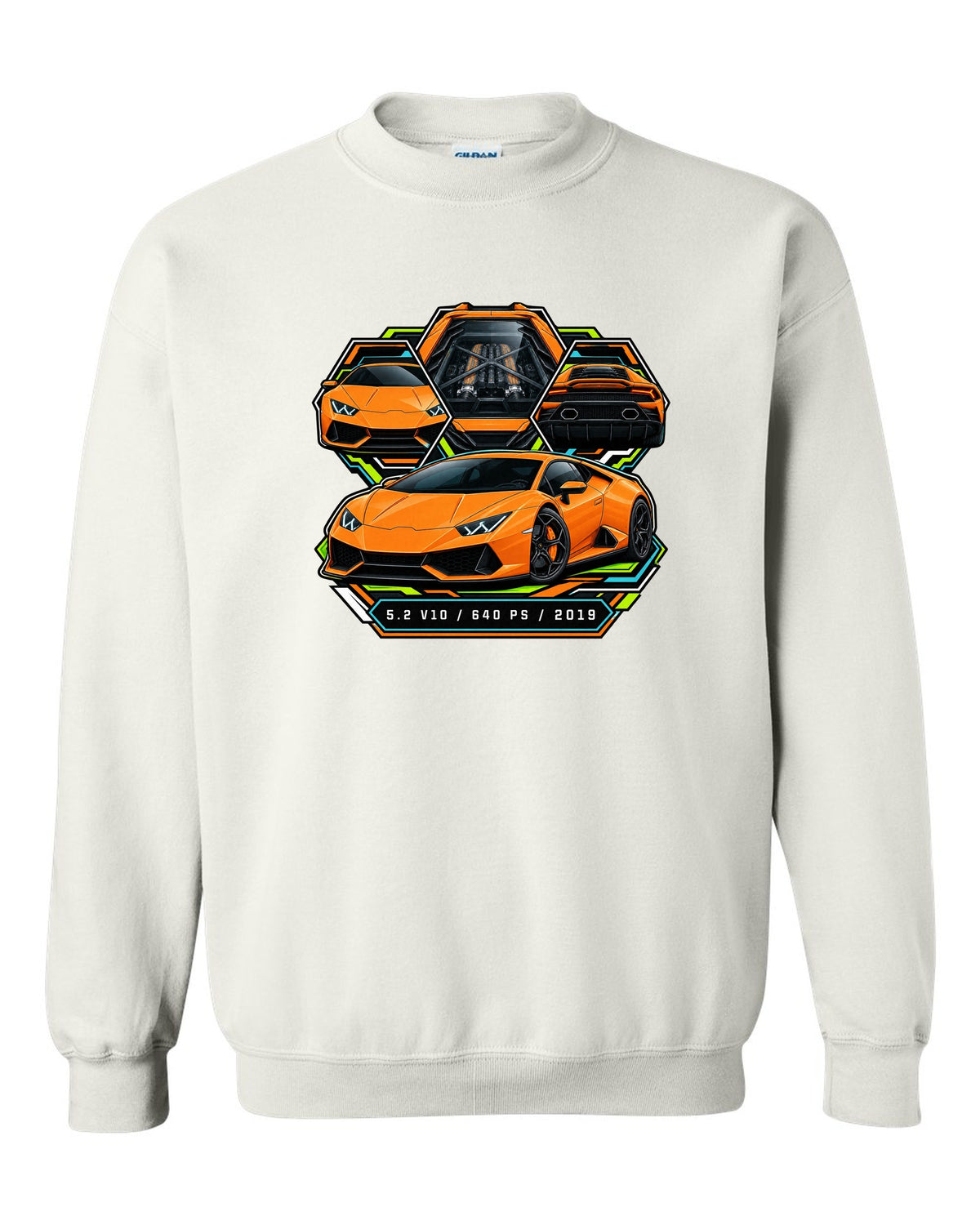 Spec-sheet data plate with a Lamborghini Huracan Evo LP640-4 and text 5.2 V10 / 640 PS / 2019 white crewneck front view with the design