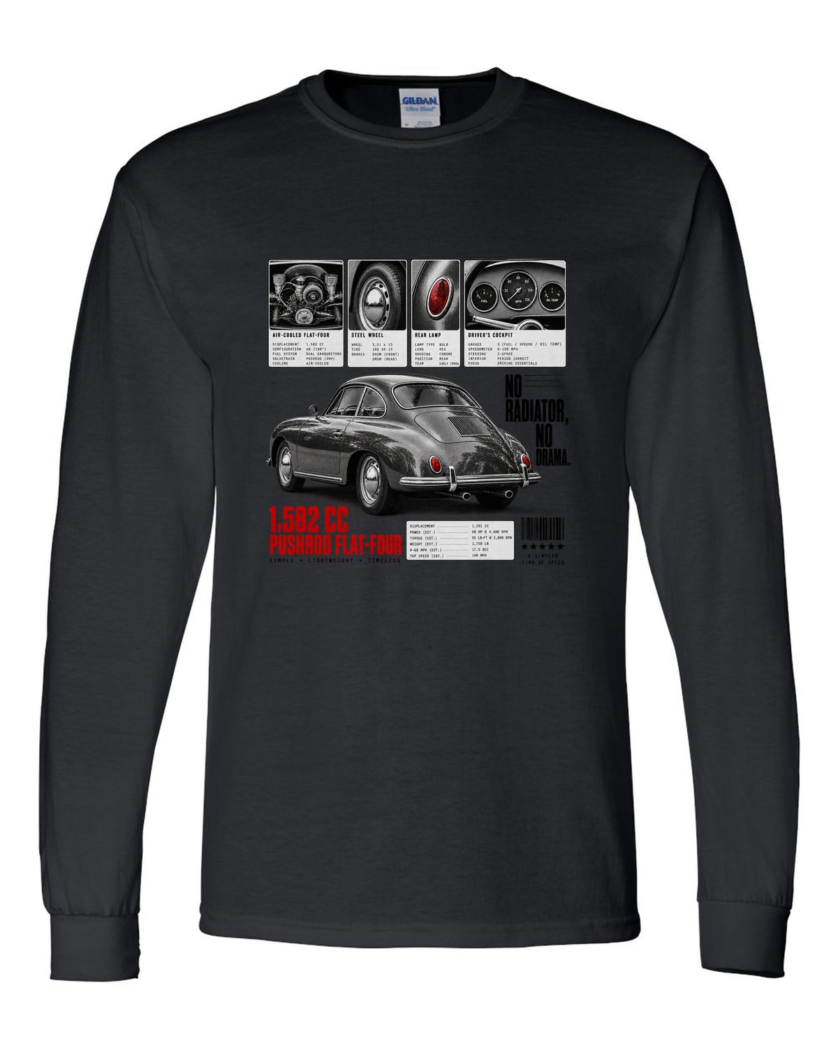 Dossier panel print of a Porsche 356 B coupe with 1,582 cc flat-four and no radiator text black long sleeve front view with the design