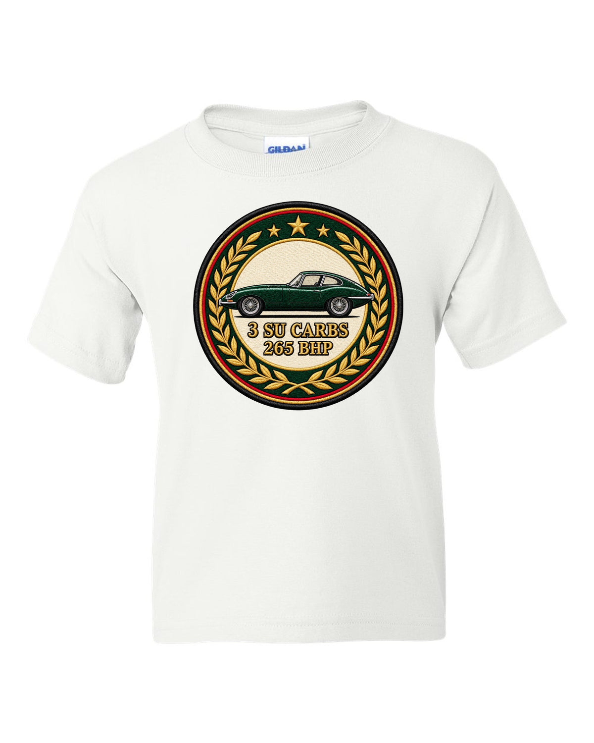 Varsity embroidery-style long bonnet print for the 1961 Jaguar E-Type Series 1 with 3 SU carbs and 265 bhp lettering white kids tee front view with the design