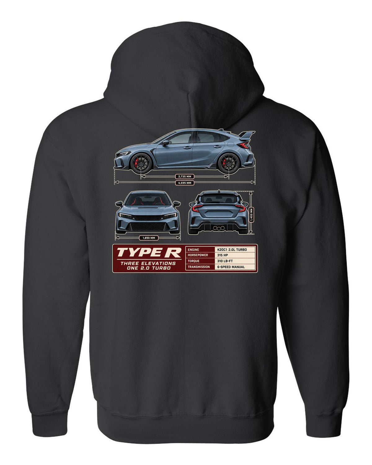 Civic Type R FL5 Three-View Spec Sheet Tee for Car Guys black zip hoodie back view with the design