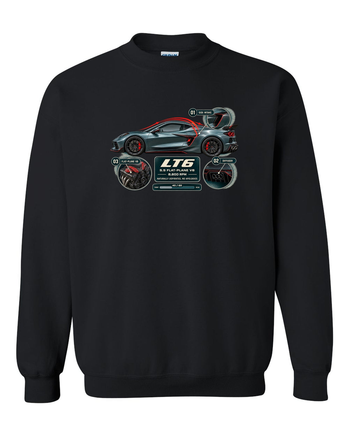print aero cutaway callouts of a Chevrolet Corvette C8 Z06 in teal-grey black crewneck front view with the design