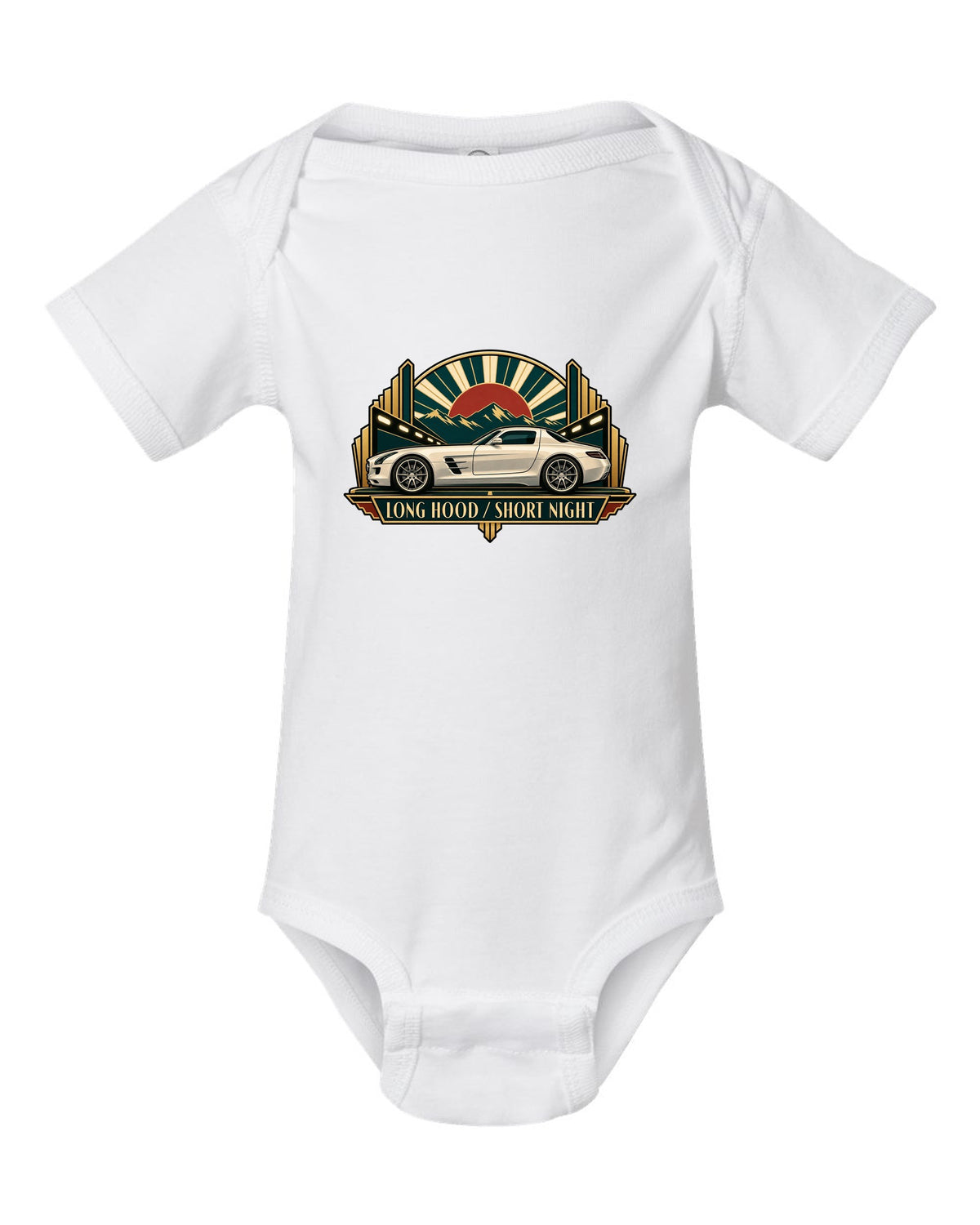 80s airbrush chrome illustration of Mercedes SLS AMG C197 tail lights with 6.2 Litres Zero Turbos text white baby onesie front view with the design