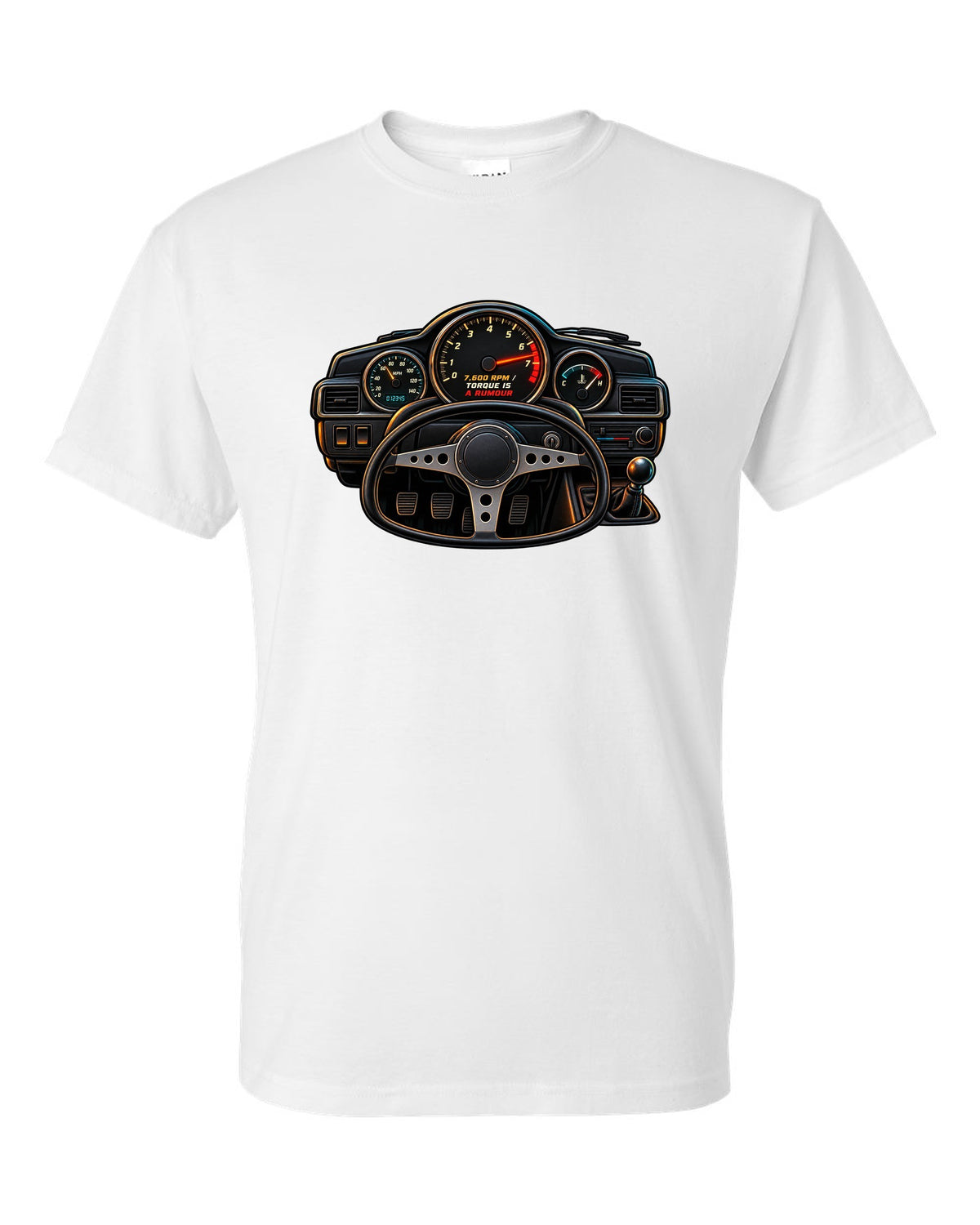 Linocut woodcut-style Toyota Corolla Levin AE86 with garage Saturday slogan white t-shirt front view with the design