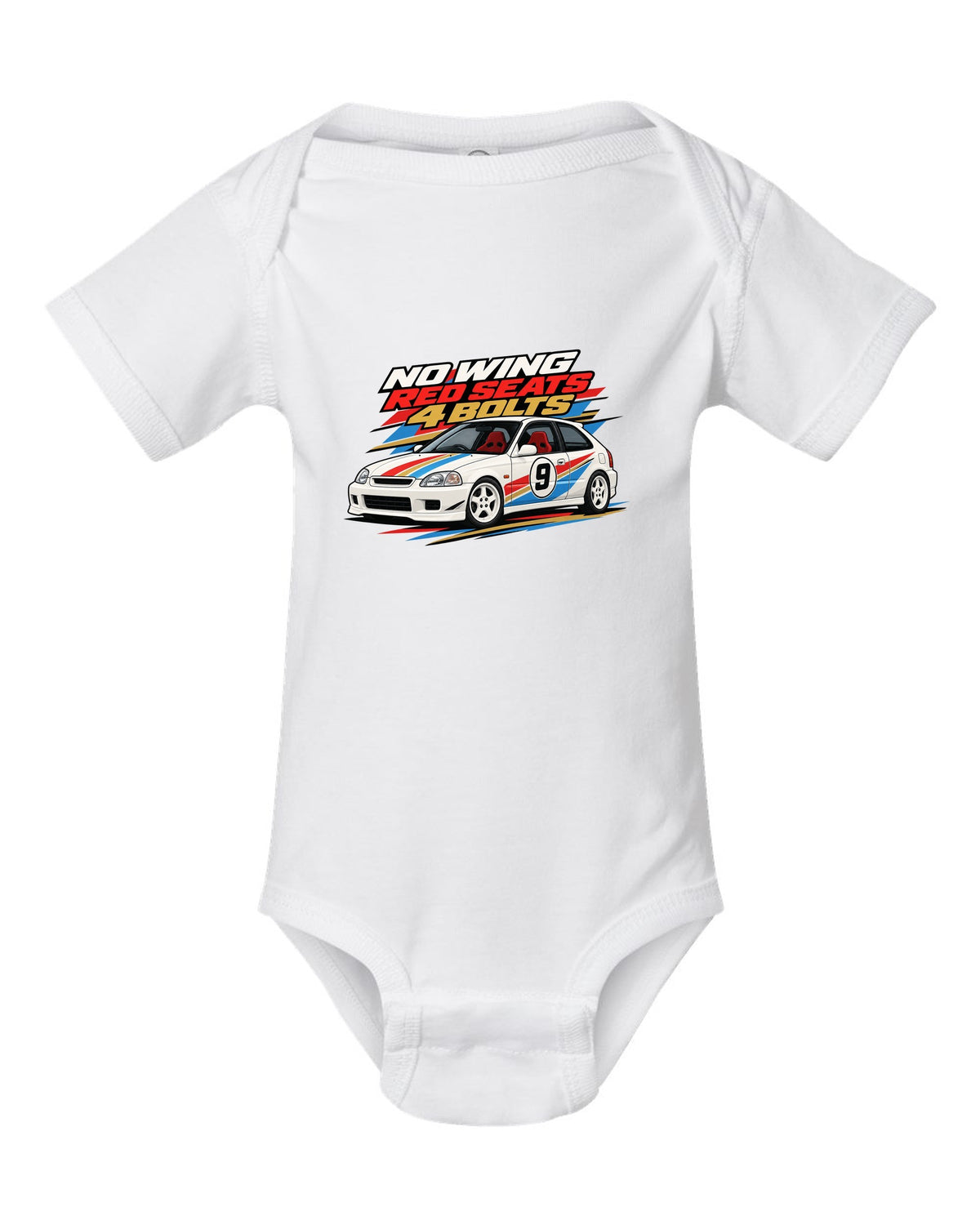 Retro racing livery print of a Honda Civic Type R EK9 with no wing red seats 4 bolts text white baby onesie front view with the design