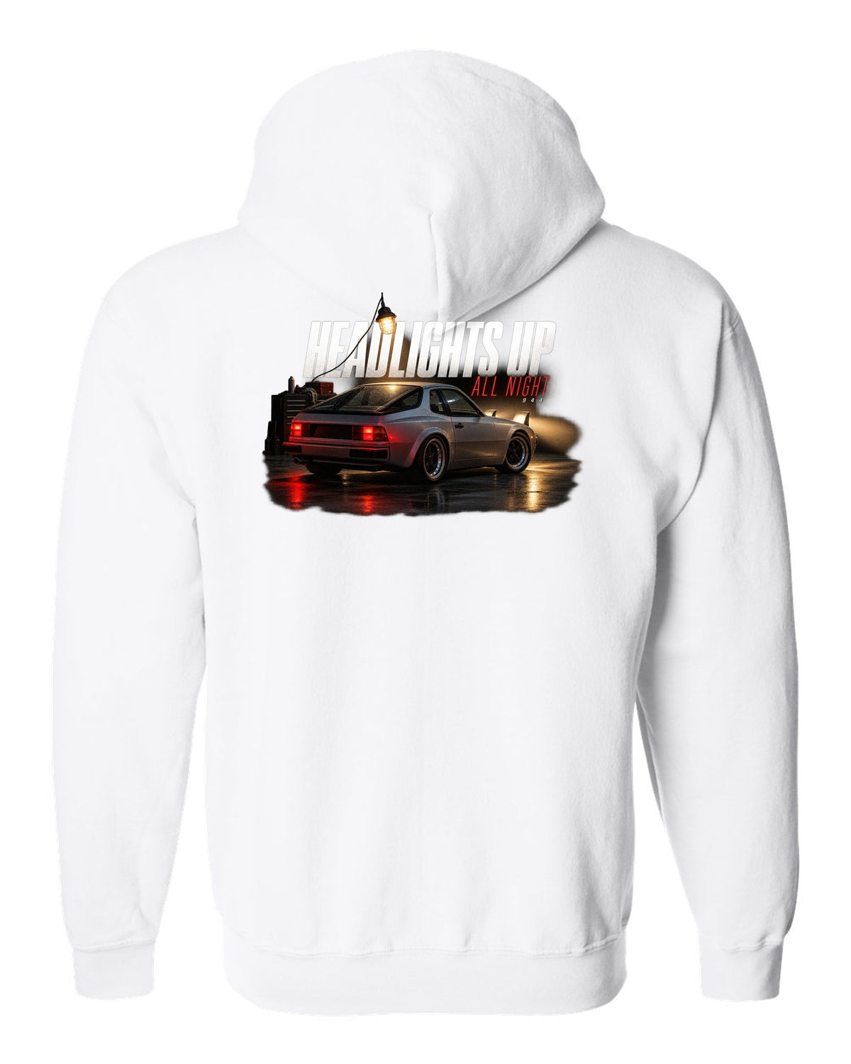 Garage night print of an early Porsche 944 with pop-up headlights raised white zip hoodie back view with the design