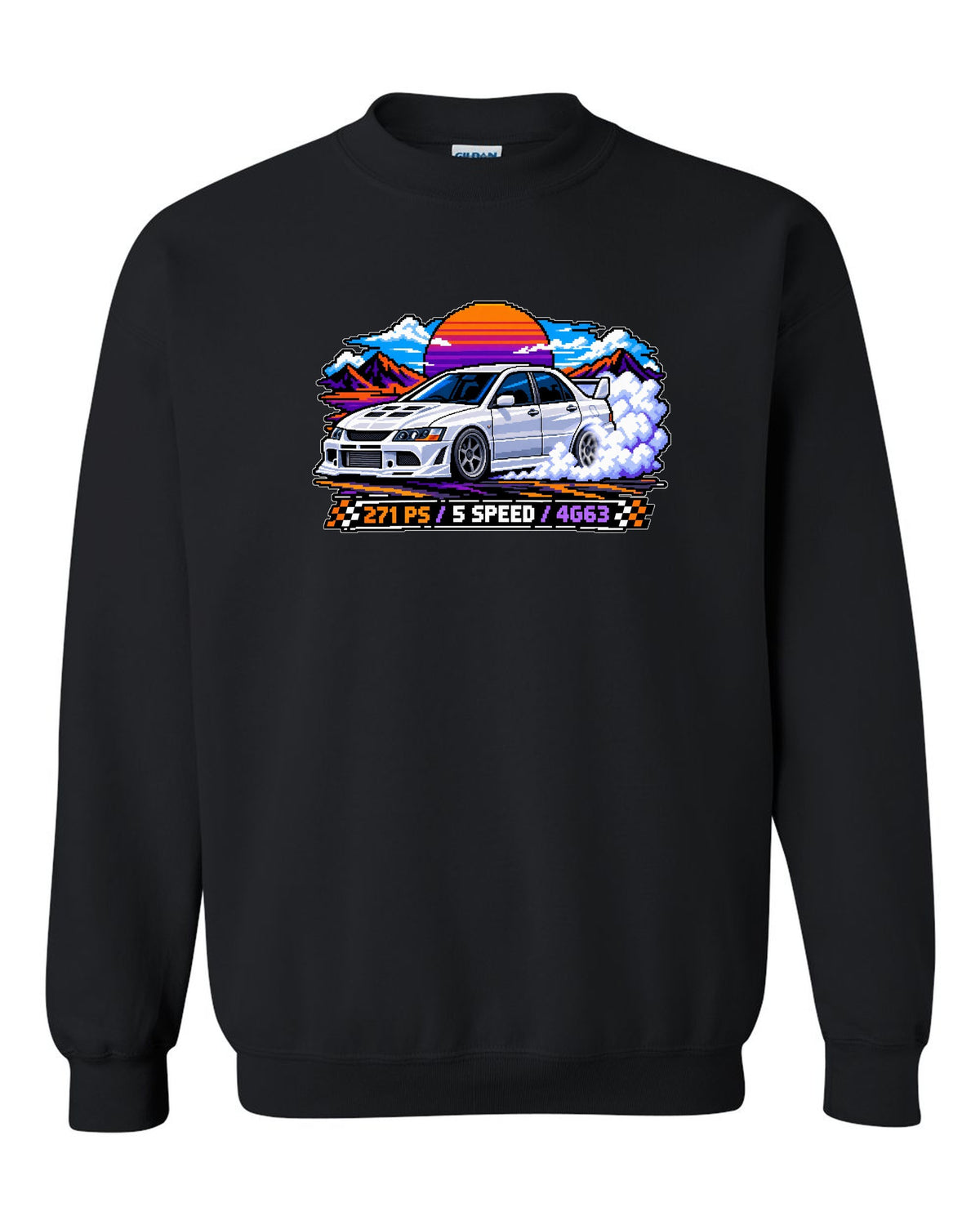 Pixel art burnout print of the Mitsubishi Evo VIII CT9A with 271 PS 5 speed 4G63 text black crewneck front view with the design