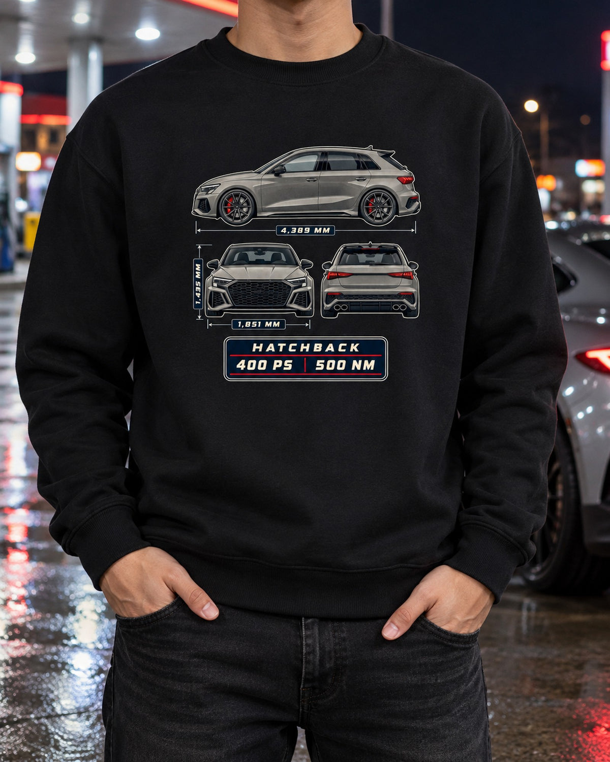 Audi RS3 8Y Sportback Three-View Spec Table Car Shirt Crewneck Black worn hero
