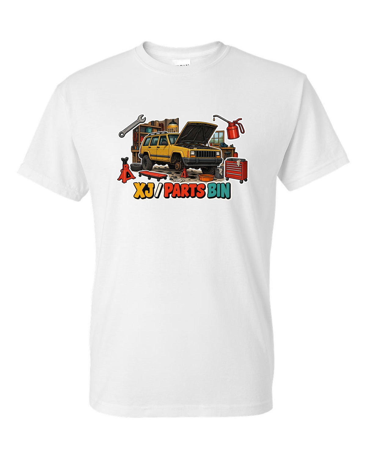 Sticker-bomb die-cut collage print around a Jeep Cherokee XJ labelled Parts Bin white t-shirt front view with the design