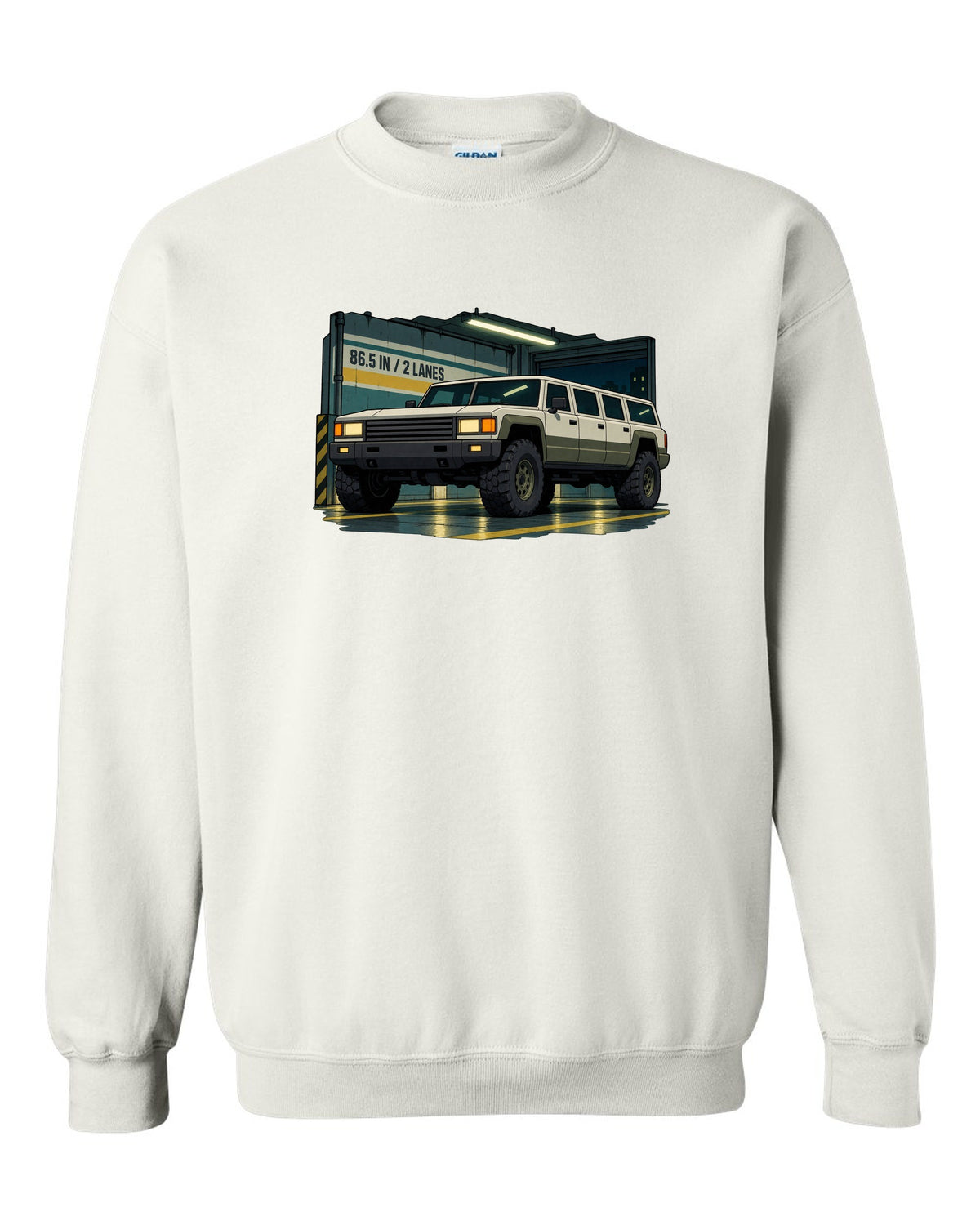 Cel-shaded 90s anime style Hummer H1 in a garage with 86.5 IN and 2 LANES text white crewneck front view with the design