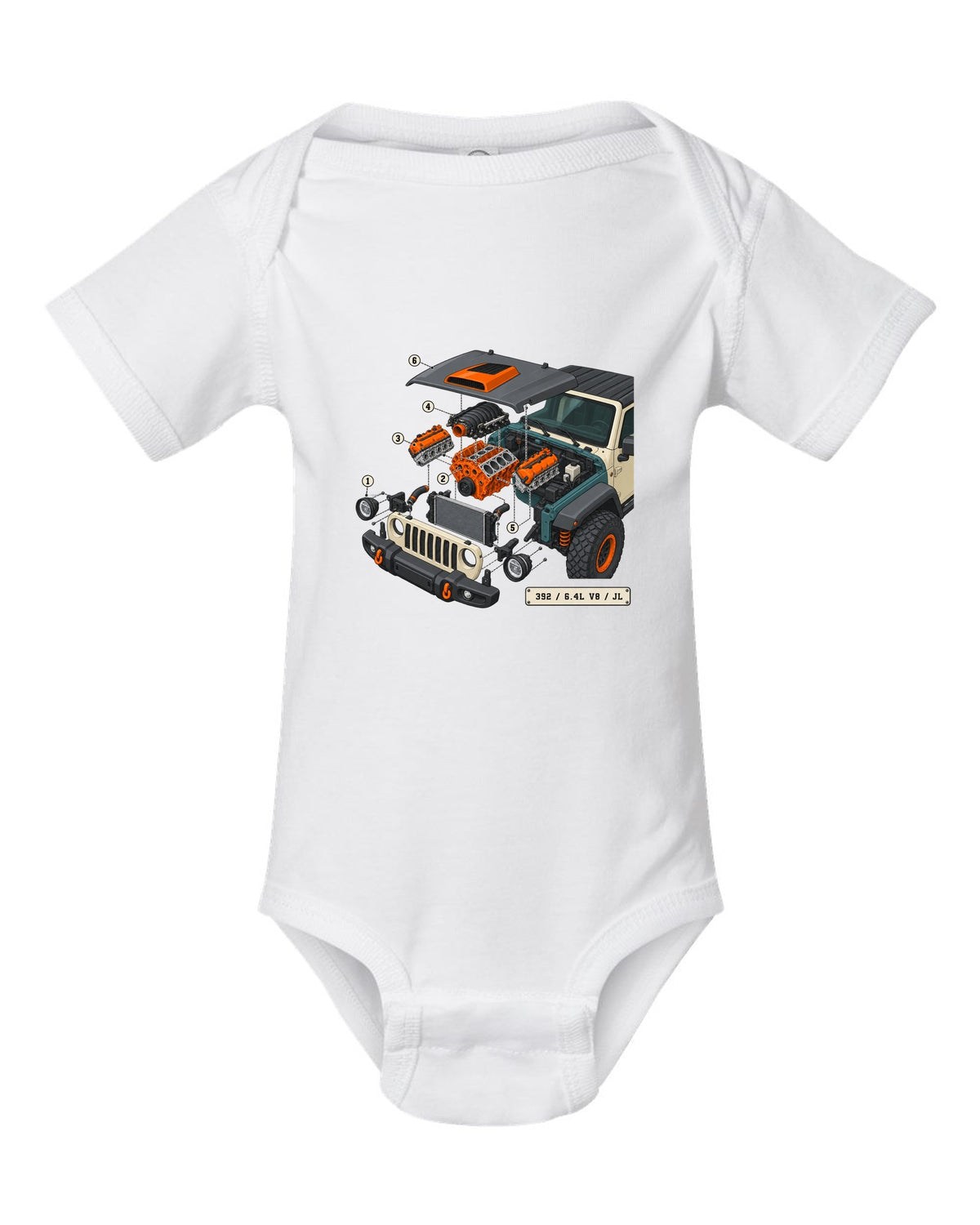 Jeep Wrangler JL Rubicon 392 6.4L V8 isometric exploded engine diagram with callouts white baby onesie front view with the design