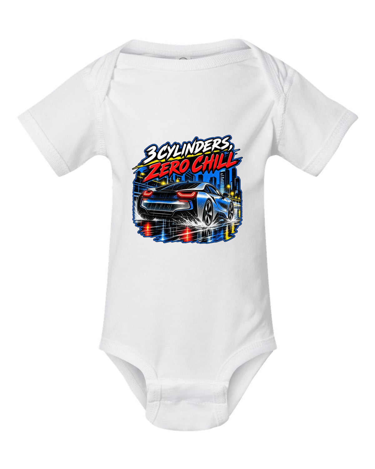 BMW i8 I12 retro manga halftone panel print with 3 cylinders zero chill text white baby onesie front view with the design