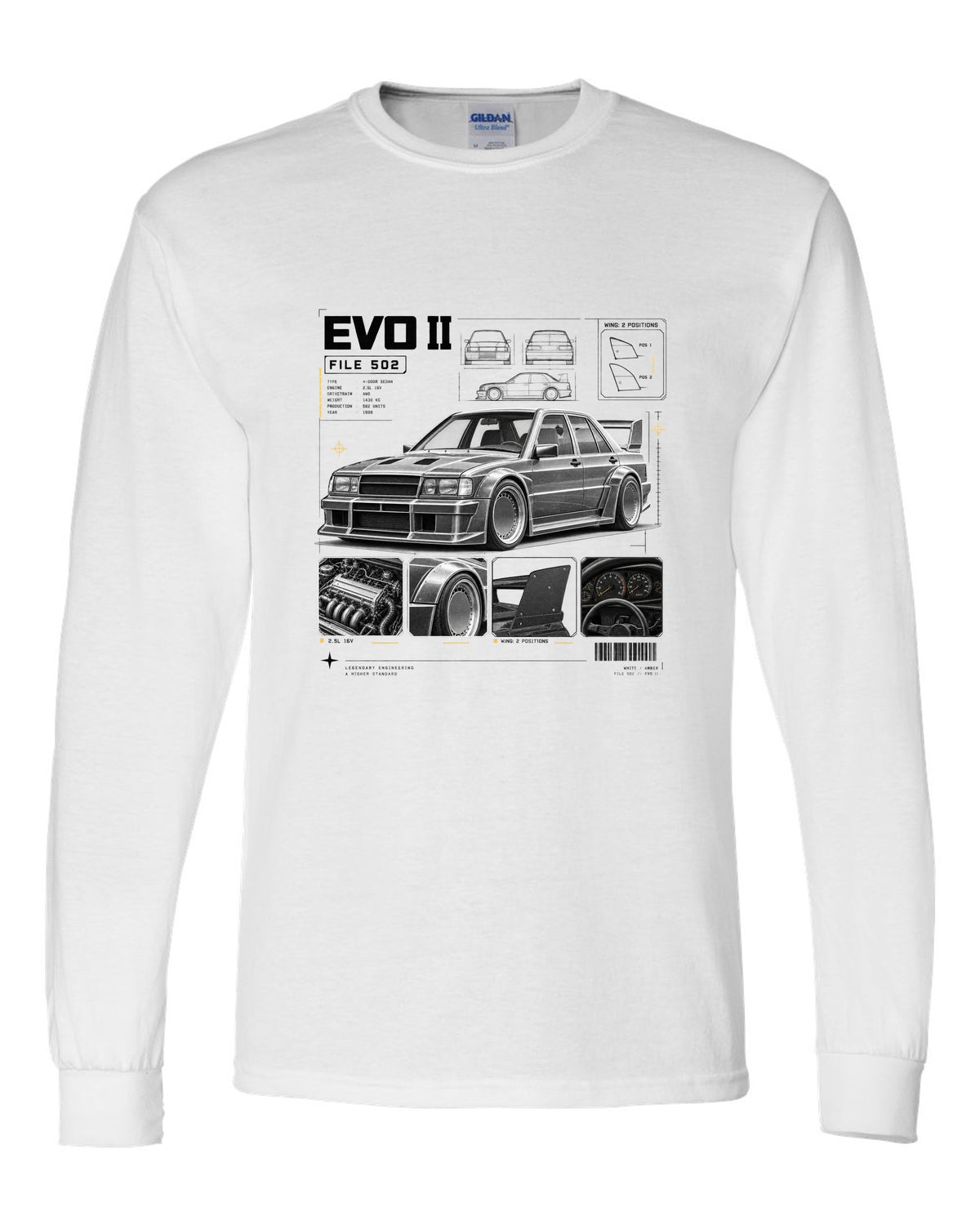 print dossier panels of a Mercedes 190E Evolution II W201 listing file 502, 2.5L 16V and wing positions white long sleeve front view with the design