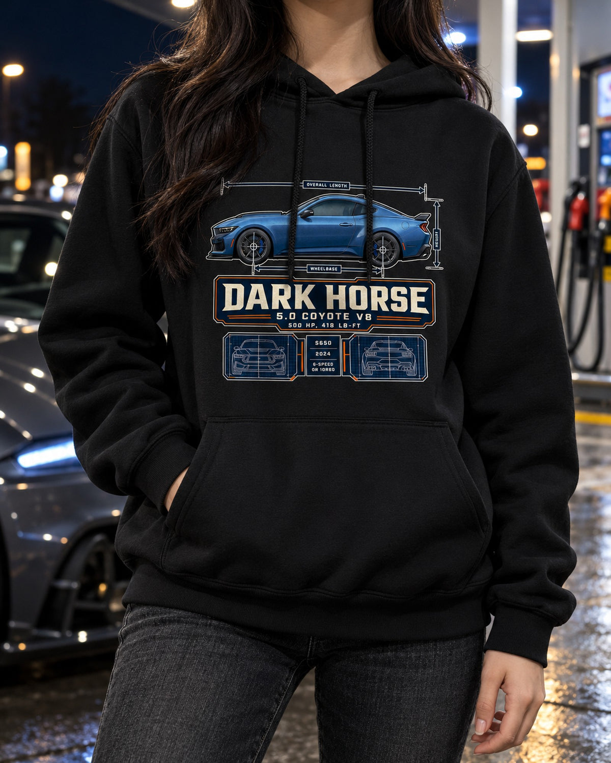 Ford Mustang S650 Dark Horse Dimension Blueprint Shirt, Coyote V8 Pull Over Hoodie Black worn hero