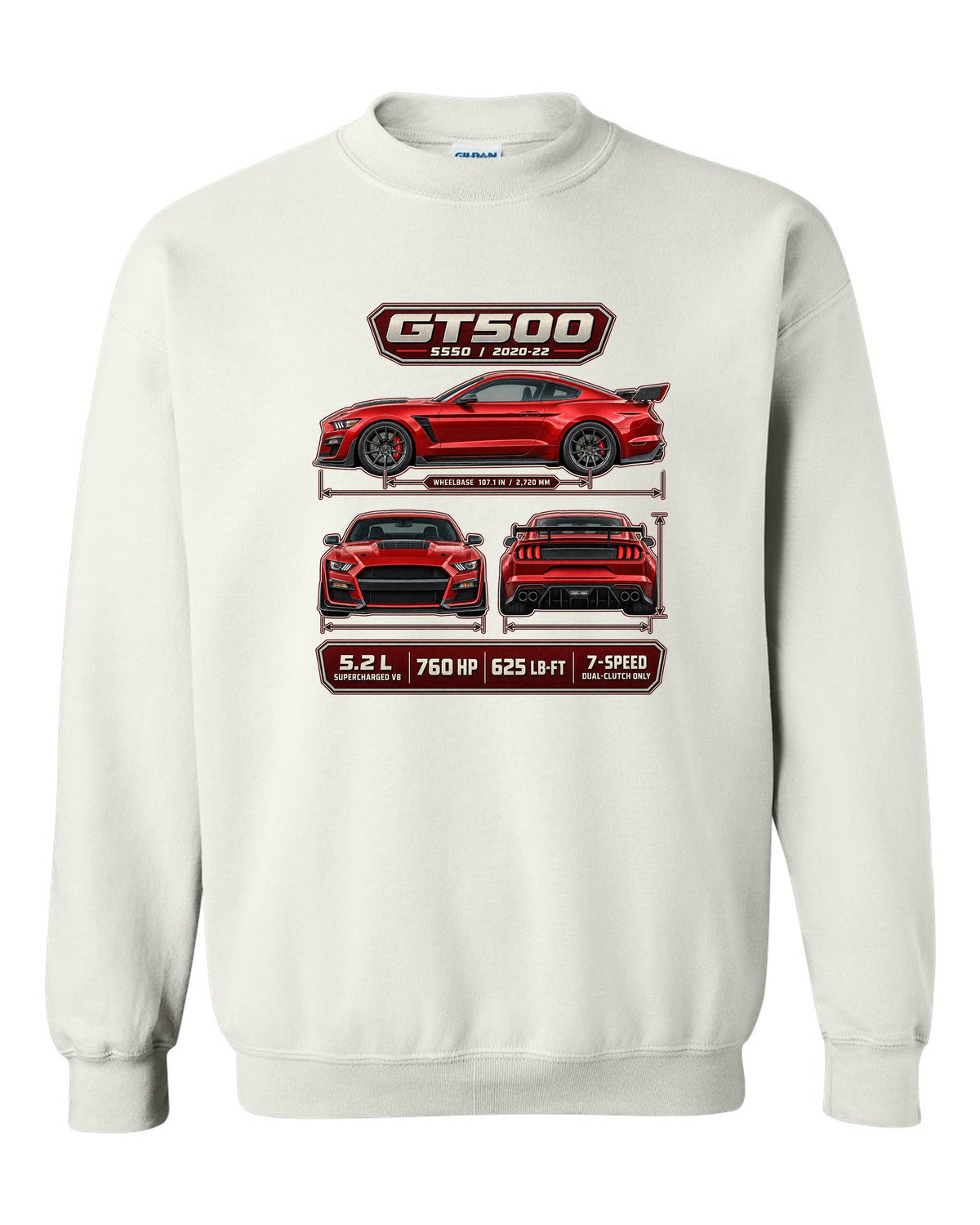 Ford Mustang S550 Shelby GT500 three-view drawing with spec table print white crewneck front view with the design