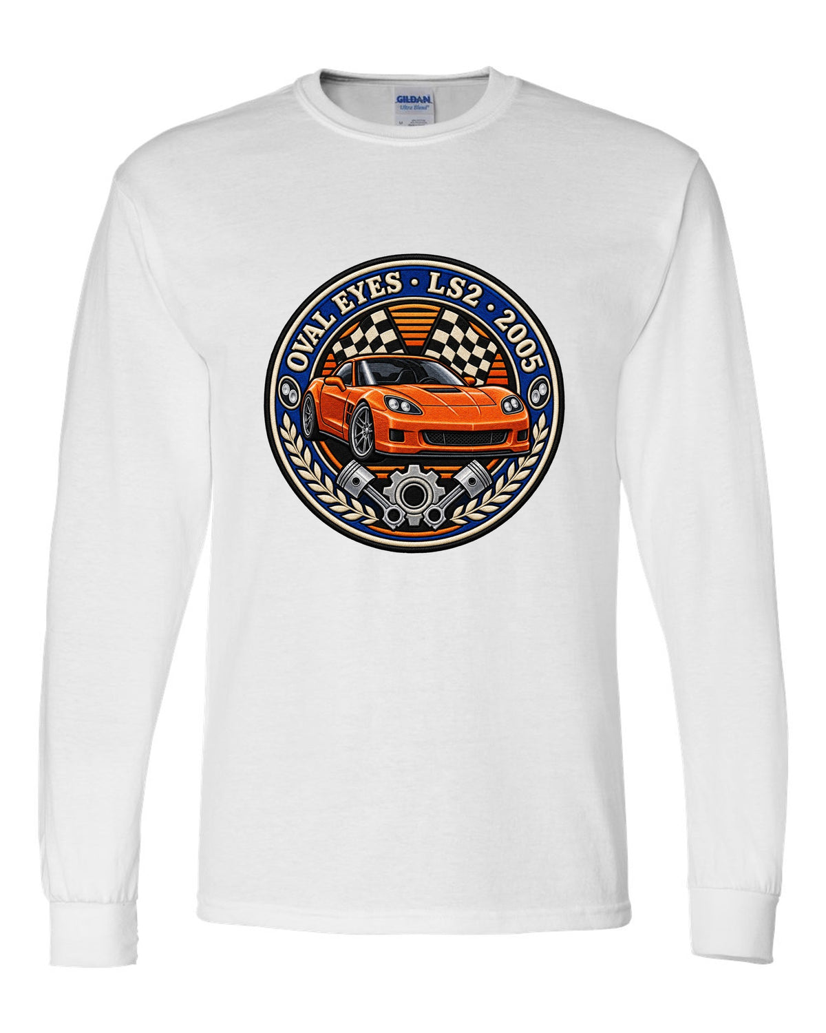 Varsity crest embroidery style print for a 2005 Chevrolet Corvette C6 coupe with Oval Eyes LS2 lettering white long sleeve front view with the design