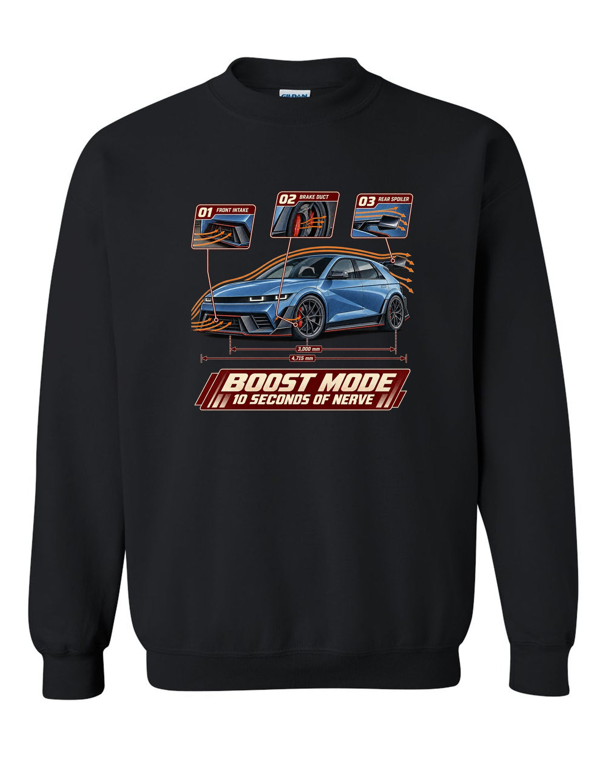 Hyundai Ioniq 5 N aero cutaway callouts print black crewneck front view with the design